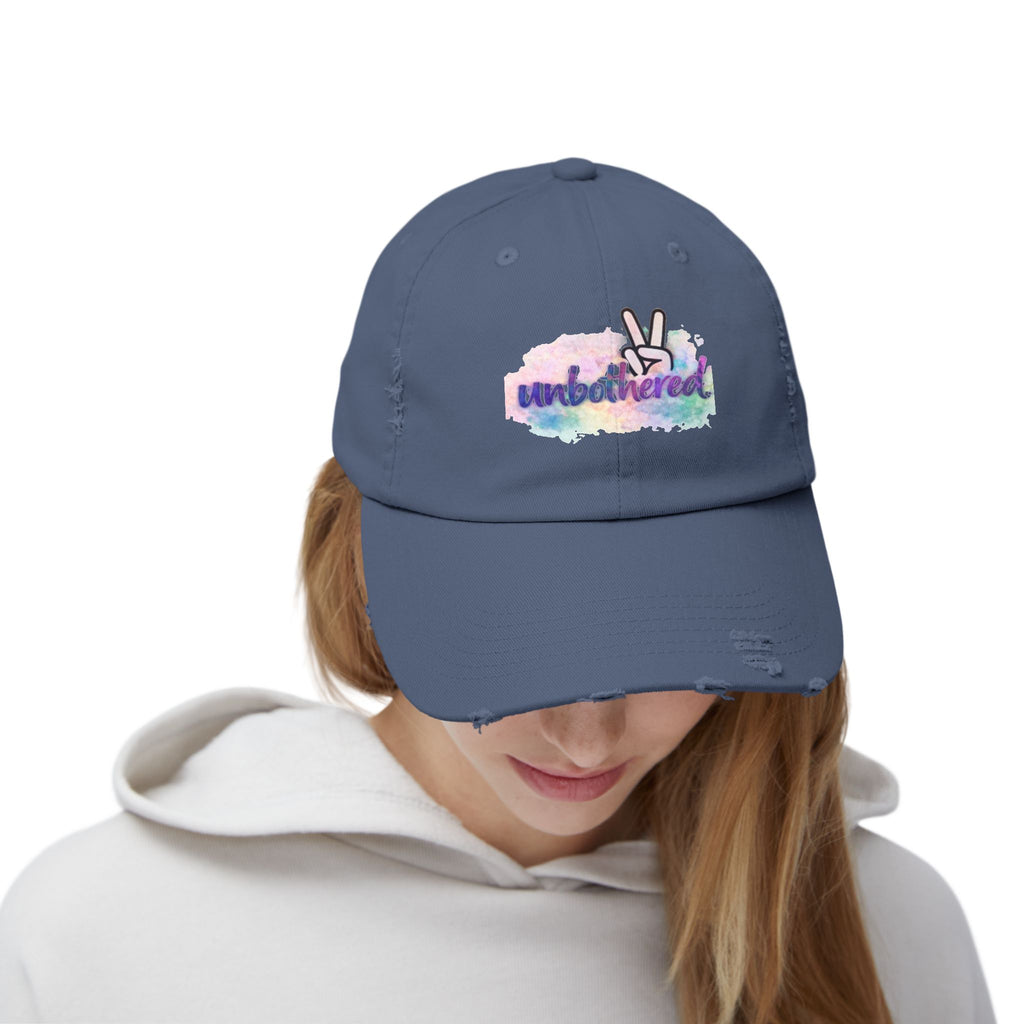 Unbothered Distressed Cap — Pastel Peace Sign Baseball Hat