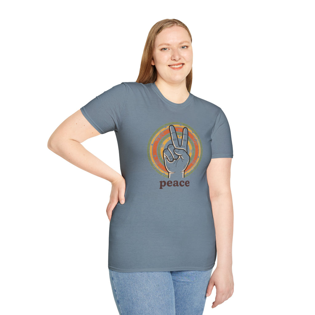 Peace Hand Sign T-Shirt | Retro Rainbow Circle, Vintage Hippie Vibe
