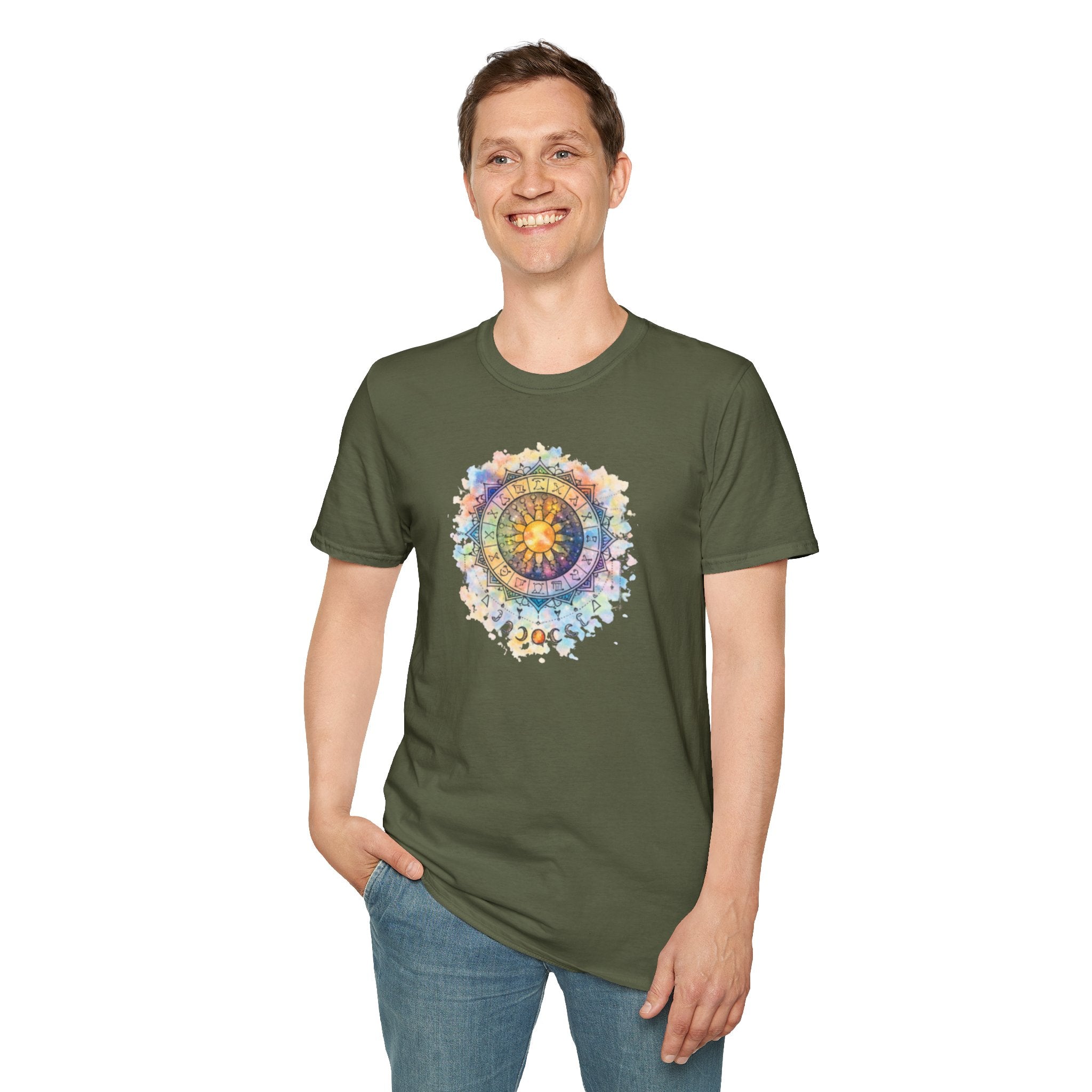 Sun & Moon Zodiac T-Shirt — Watercolor Astrological Mandala Tee