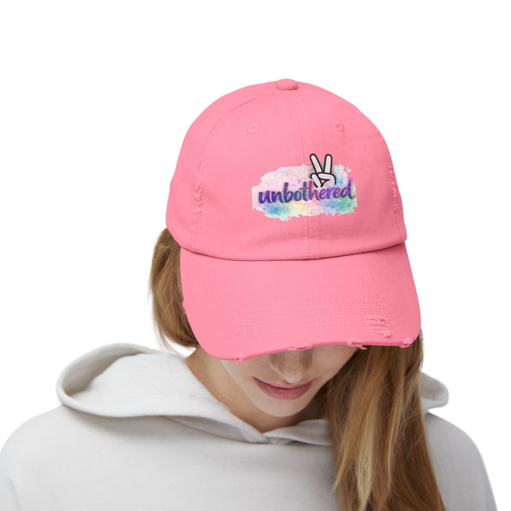 Unbothered Distressed Cap — Pastel Peace Sign Baseball Hat