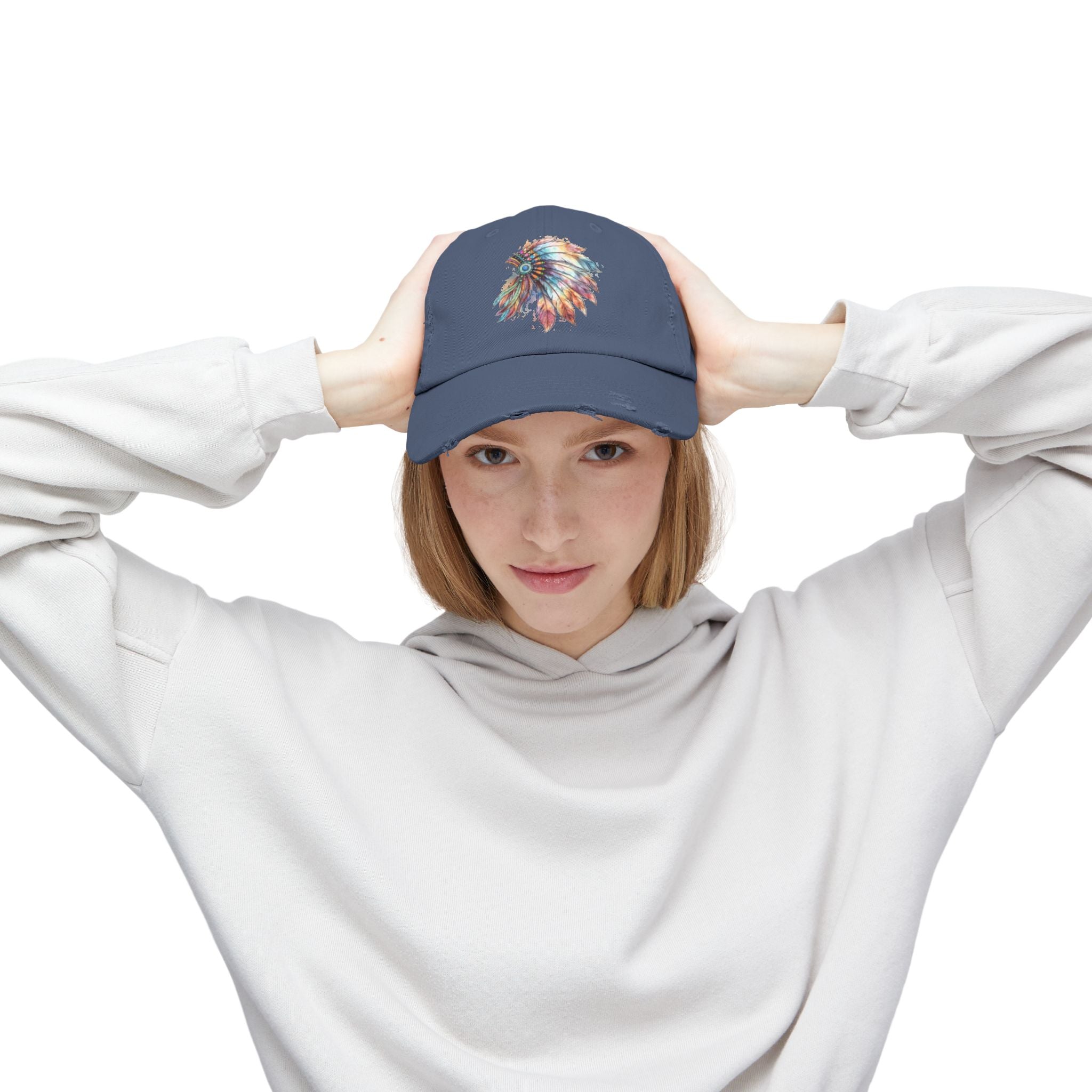 Distressed Cap with Colorful Watercolor Native Feather Headdress
