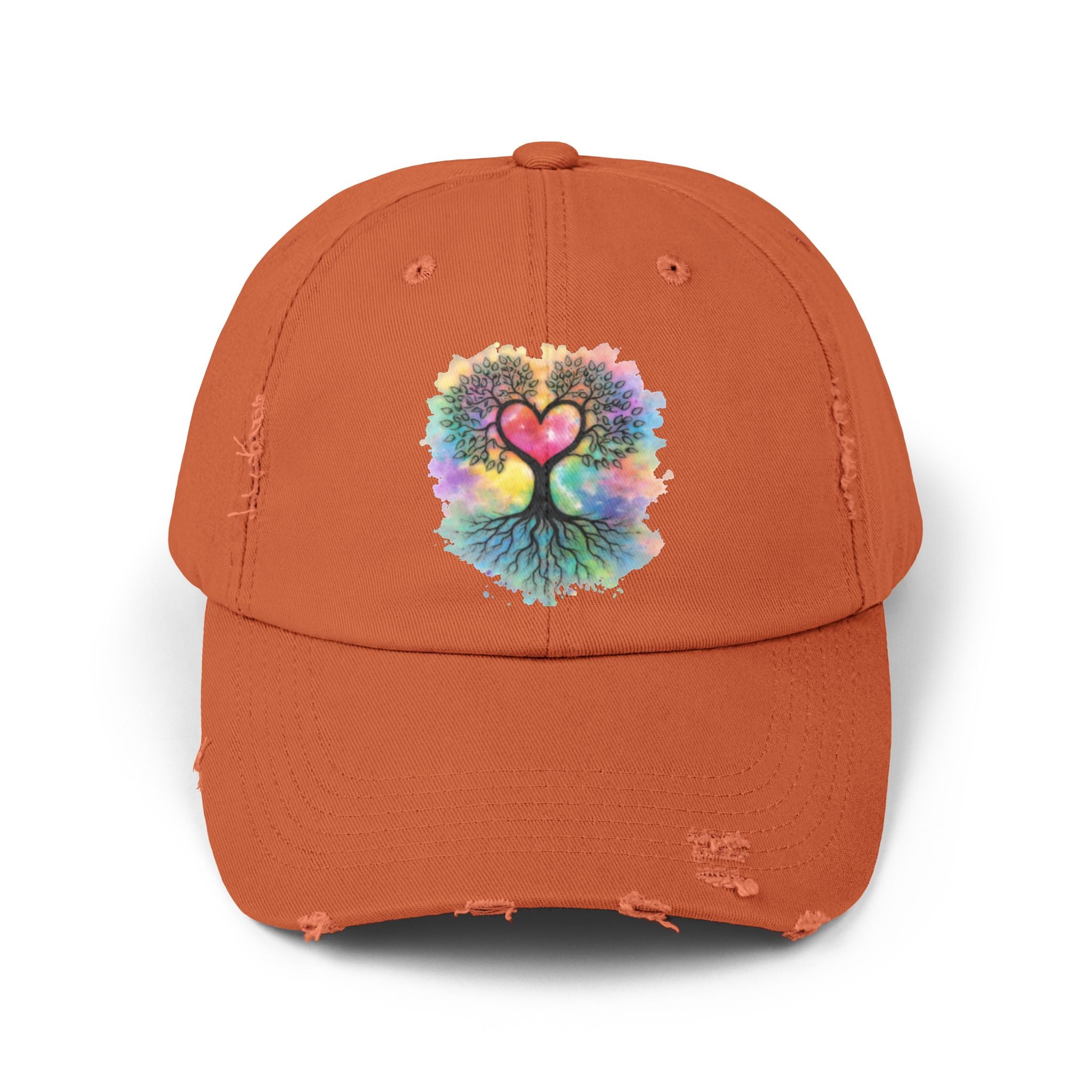 Distressed Dad Hat with Colorful Heart Tree Of Life  Design — Boho Love Cap