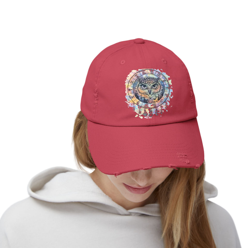 Watercolor Owl Distressed Unisex Hat