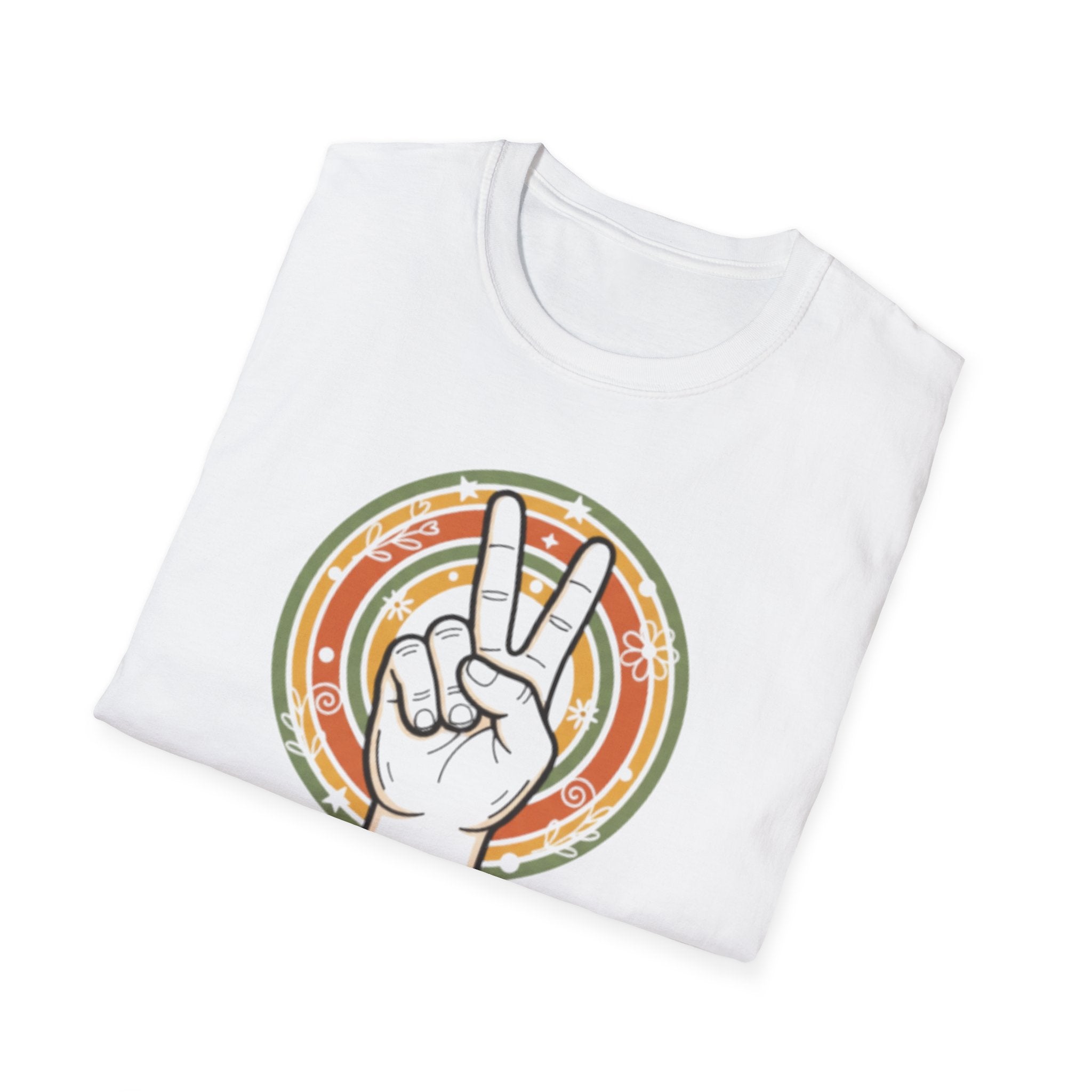 Peace Hand Sign T-Shirt | Retro Rainbow Circle, Vintage Hippie Vibe