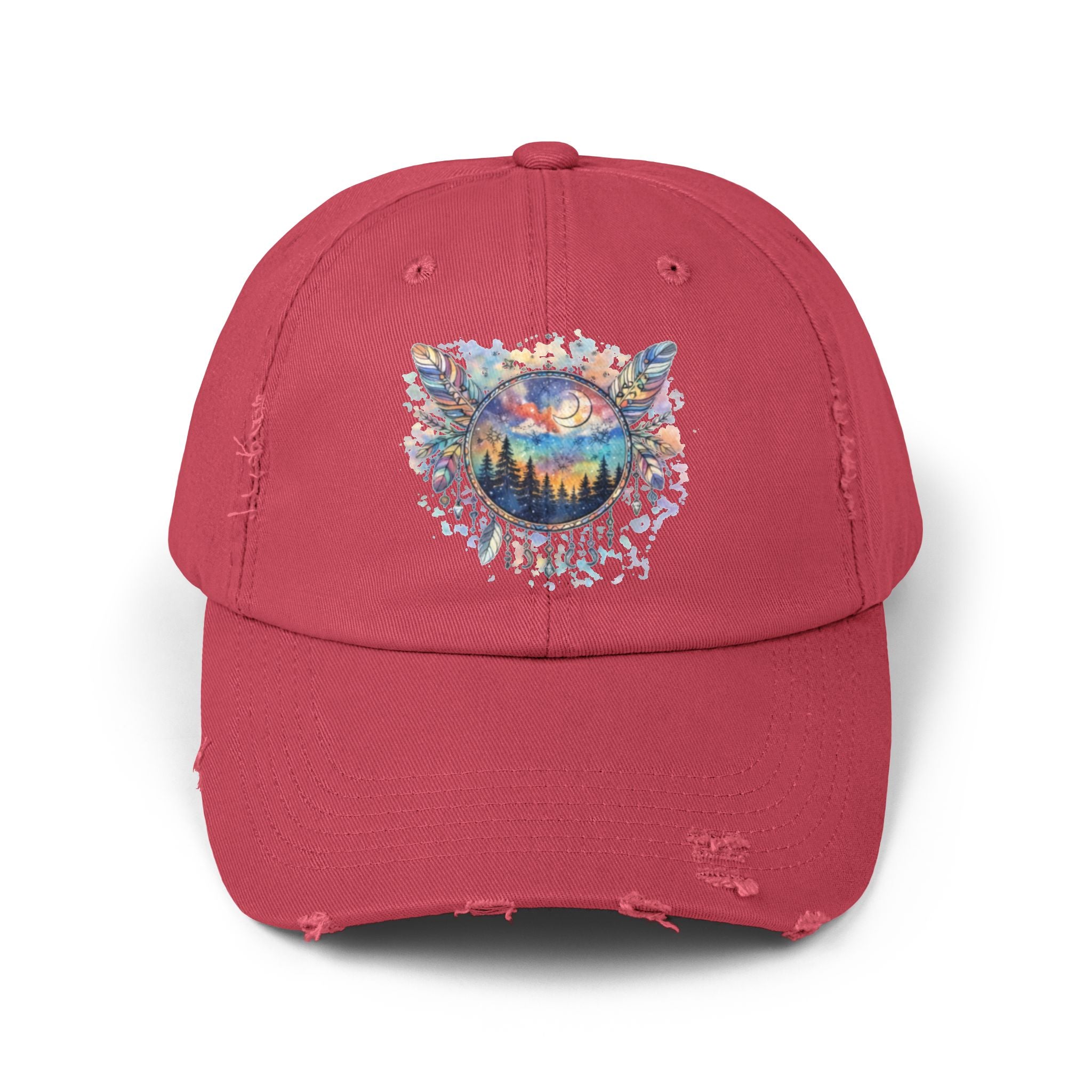 Wolf Moon Distressed Cap — Watercolor Nightscape Hat