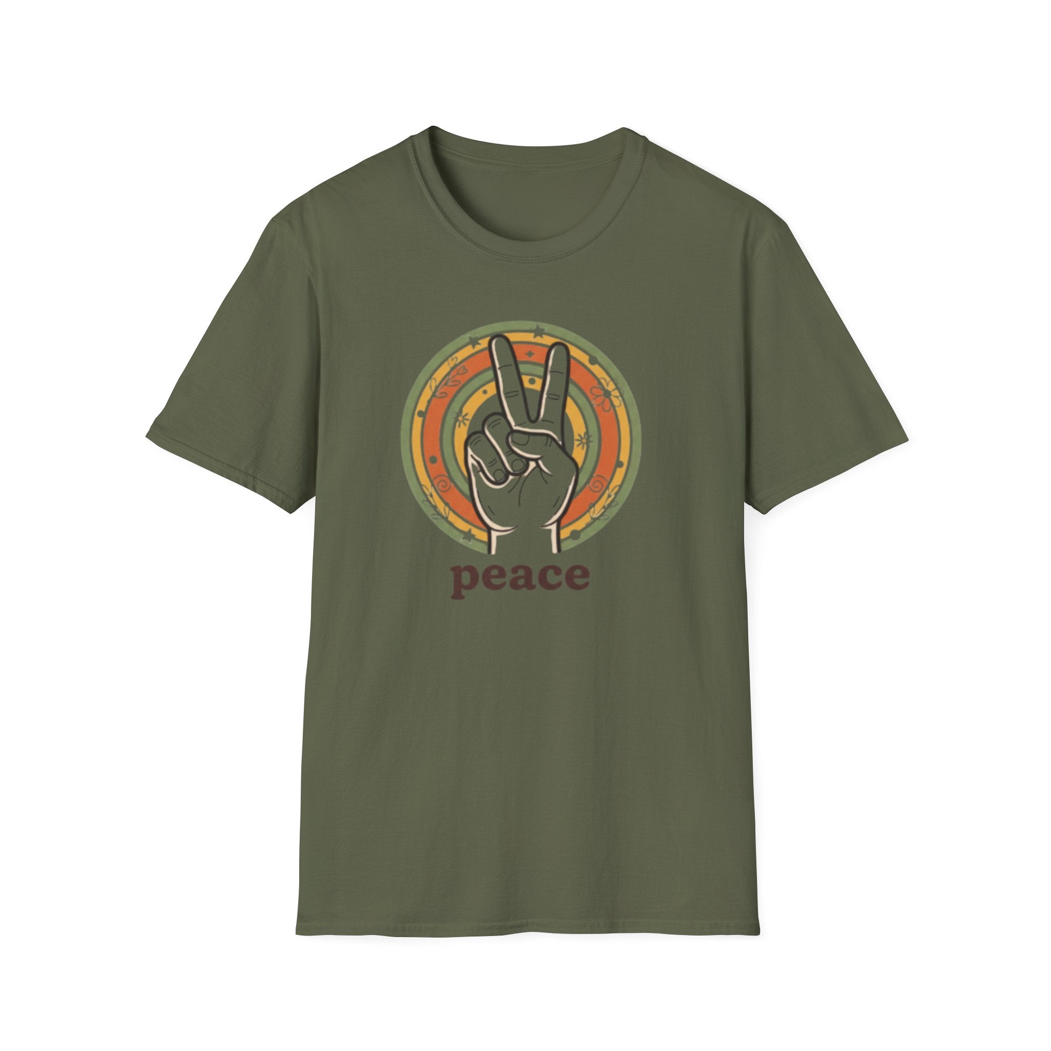 Peace Hand Sign T-Shirt | Retro Rainbow Circle, Vintage Hippie Vibe