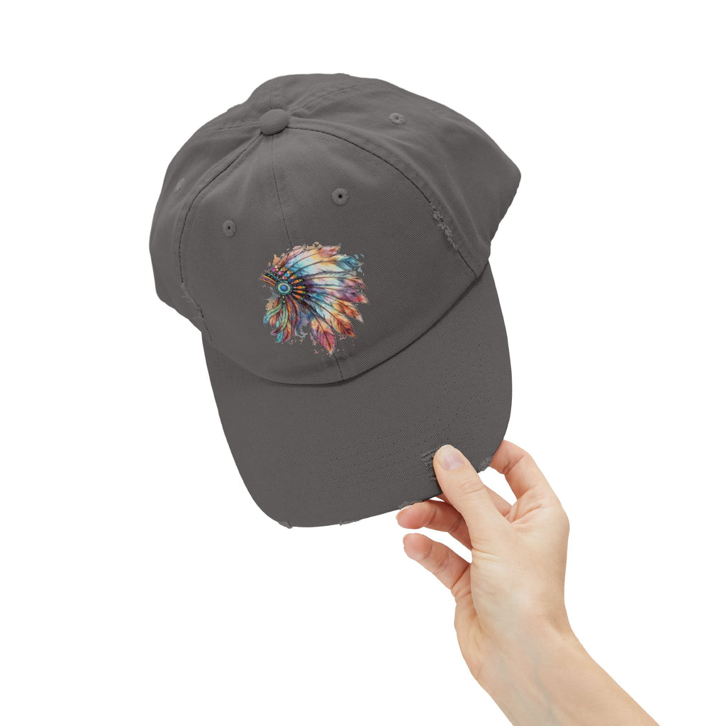 Distressed Cap with Colorful Watercolor Native Feather Headdress