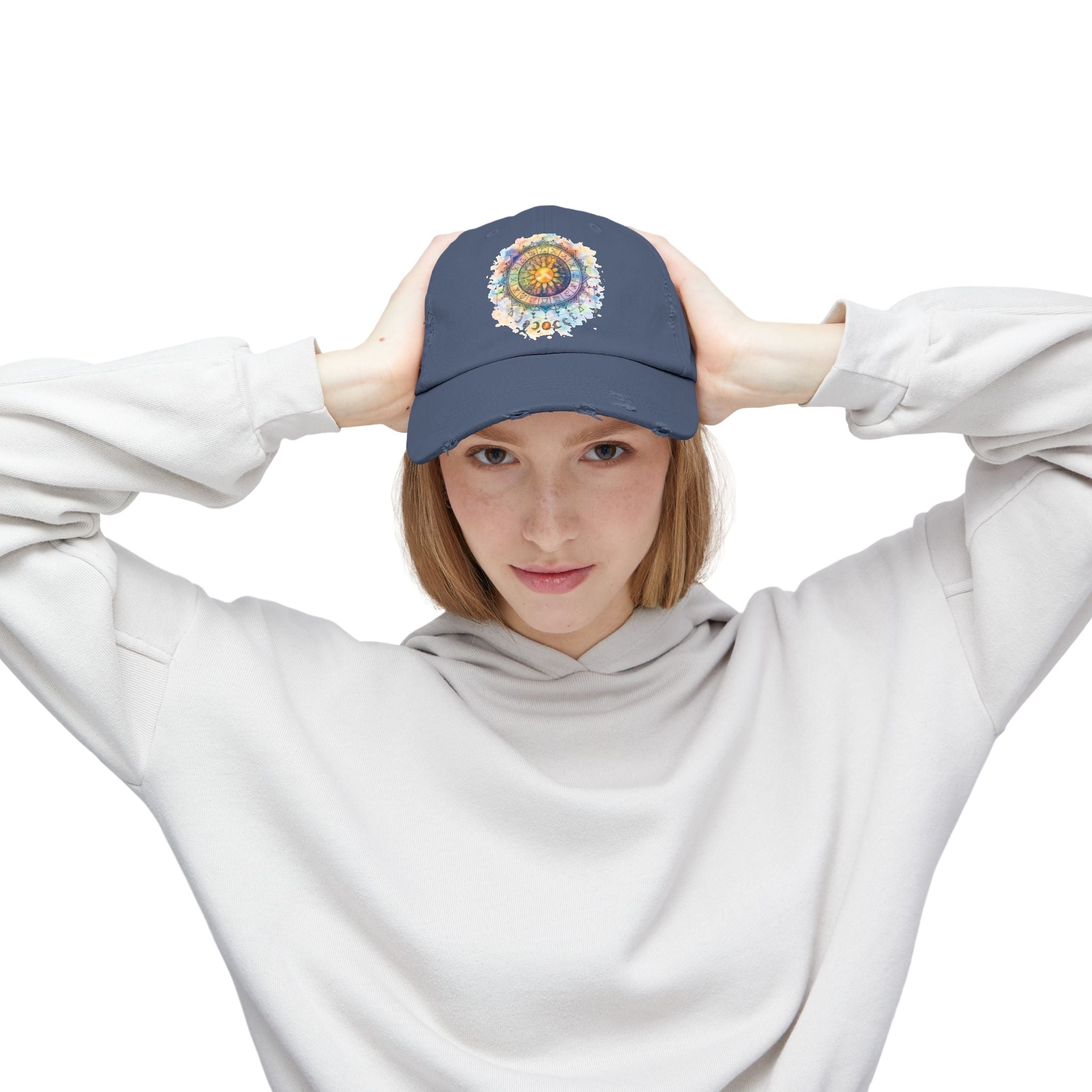 Distressed Cap — Watercolor Compass Mandala Hat