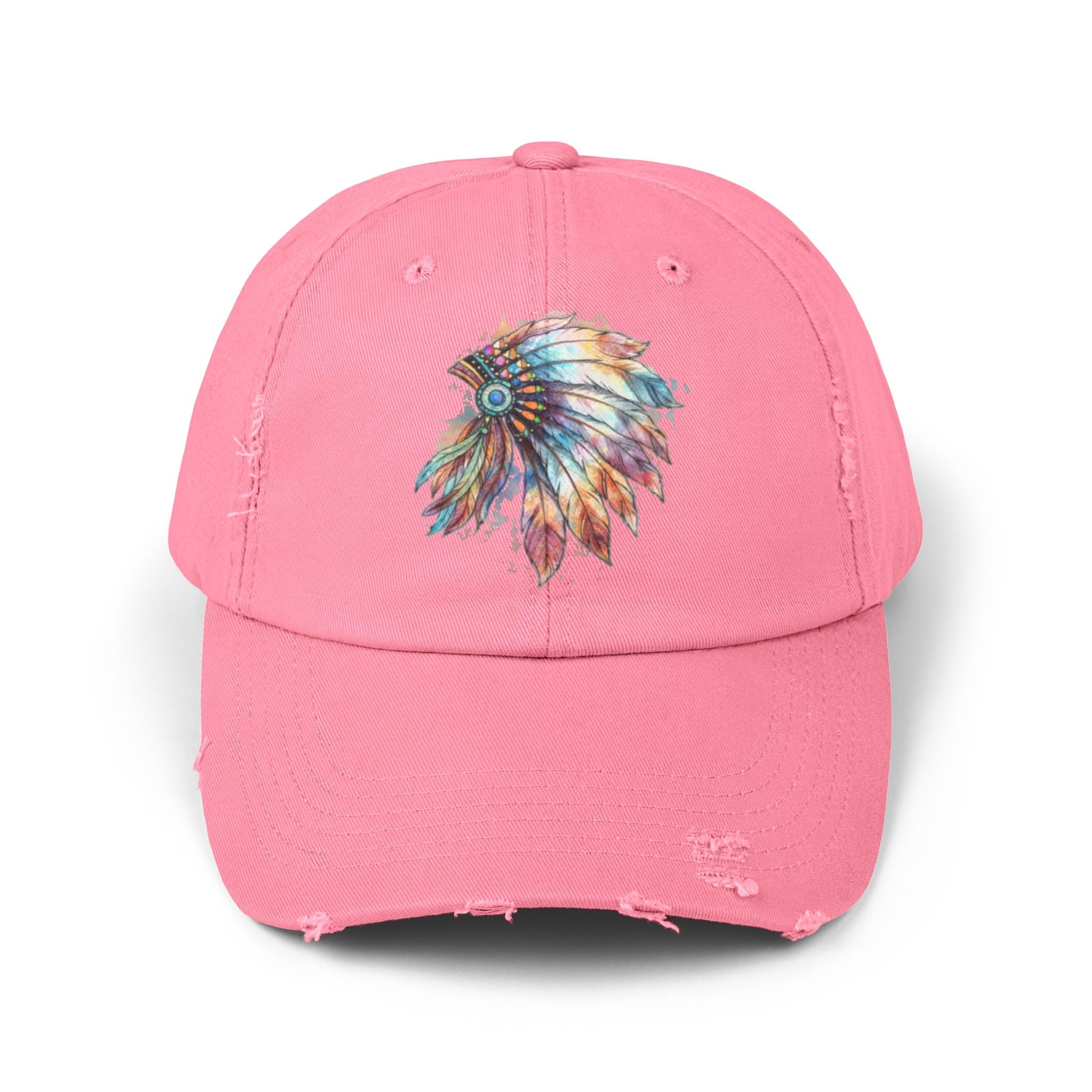 Distressed Cap with Colorful Watercolor Native Feather Headdress