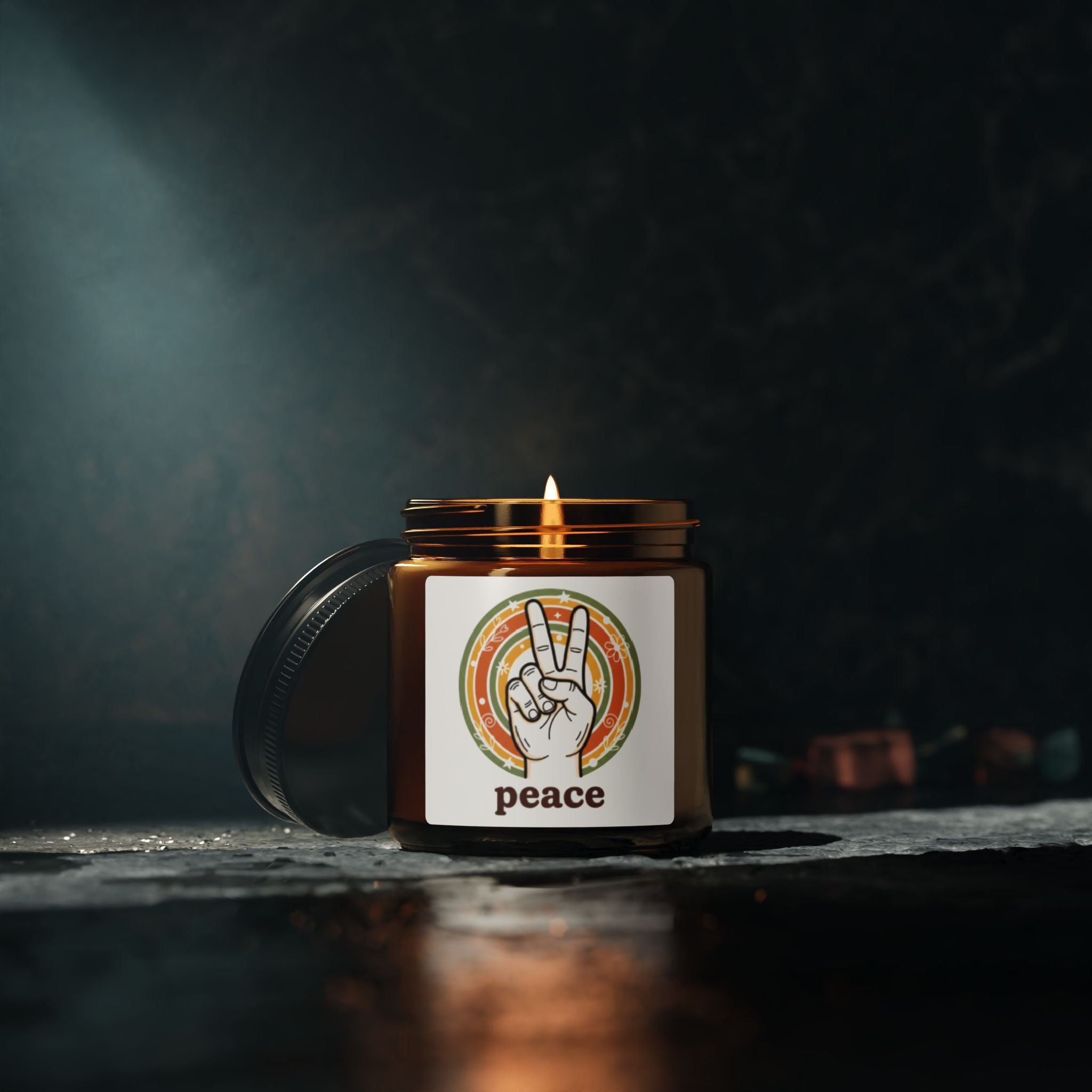 Peace Sign Soy Candle — Amber Jar Scented Candle (Retro Vibes)