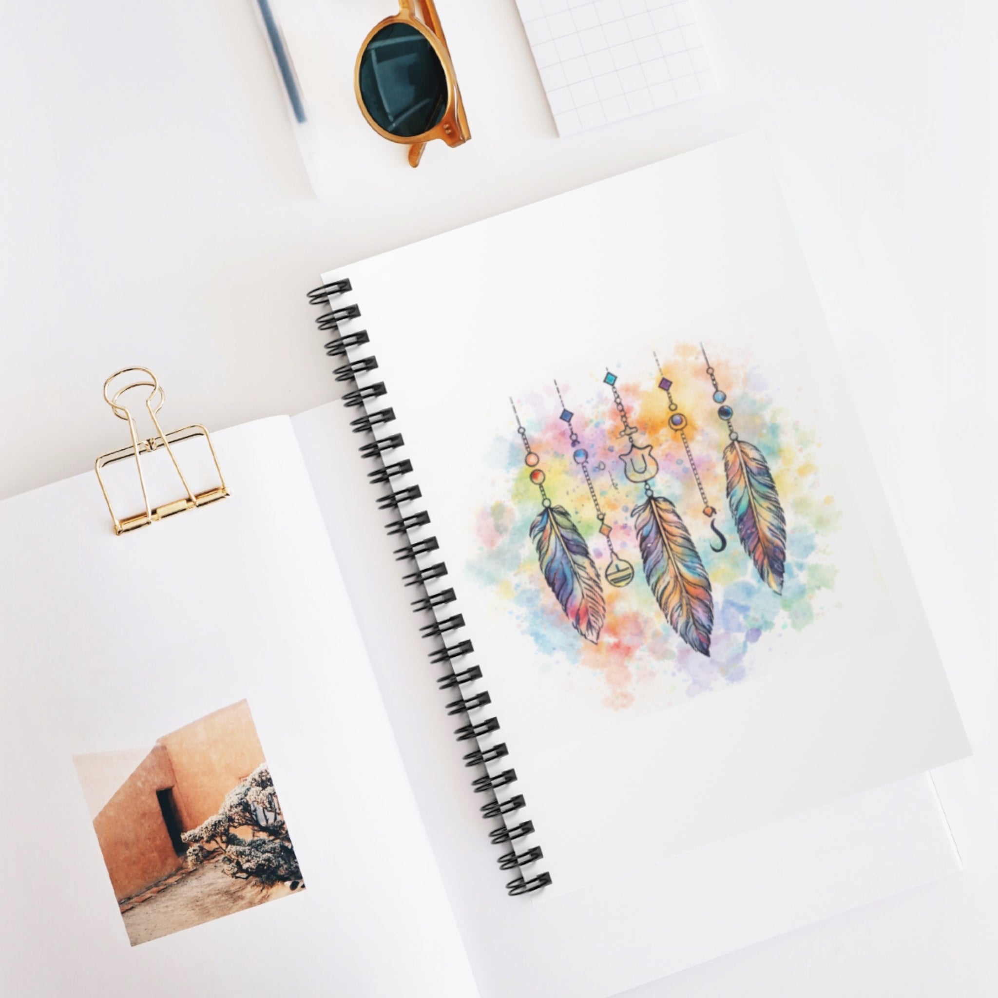 Boho Watercolor Feather Spiral Notebook