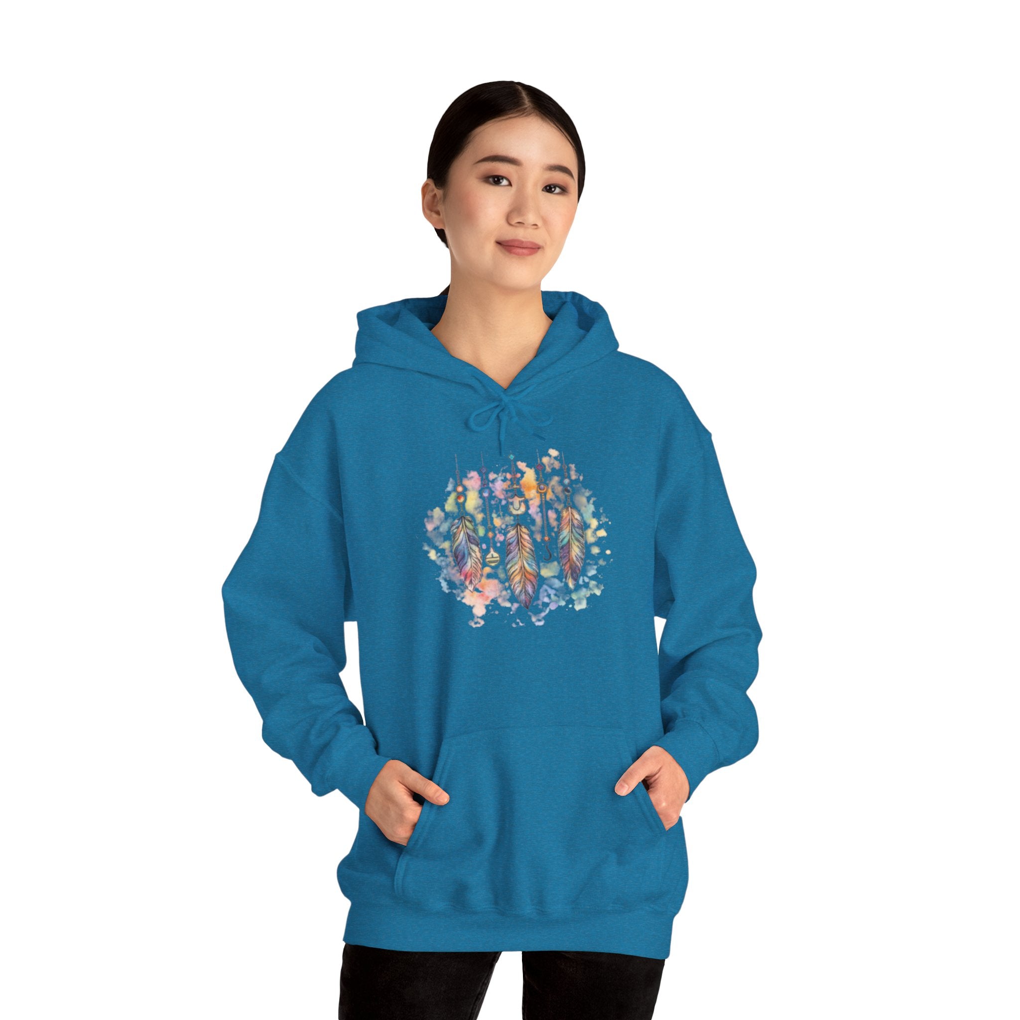 Boho Feather Dreamcatcher Hoodie — Watercolor Tribal Feathers Pullover