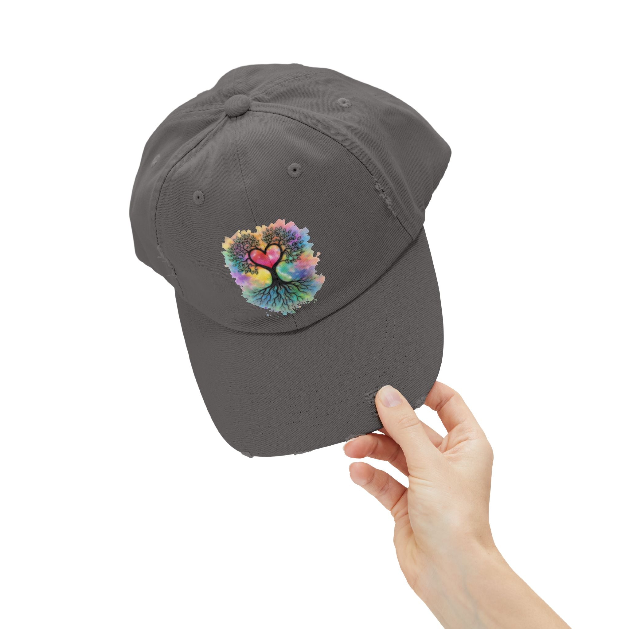 Distressed Dad Hat with Colorful Heart Tree Of Life  Design — Boho Love Cap