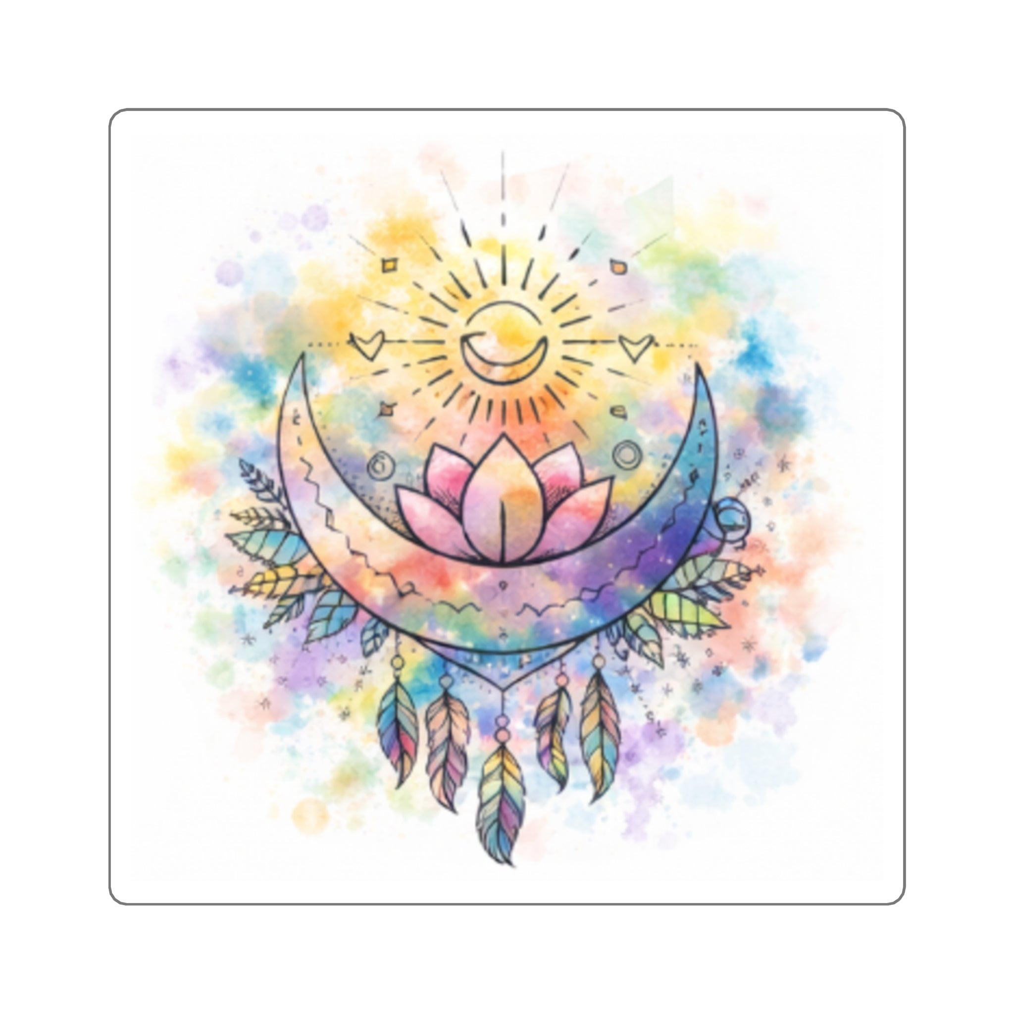 Watercolor Crescent Moon Lotus Sticker | Boho Dreamcatcher Square Sticker