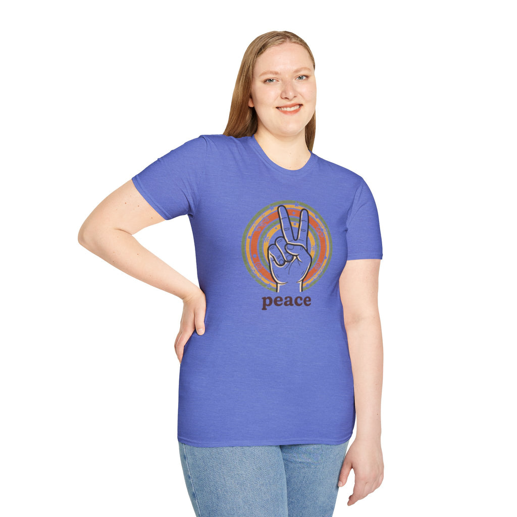 Peace Hand Sign T-Shirt | Retro Rainbow Circle, Vintage Hippie Vibe