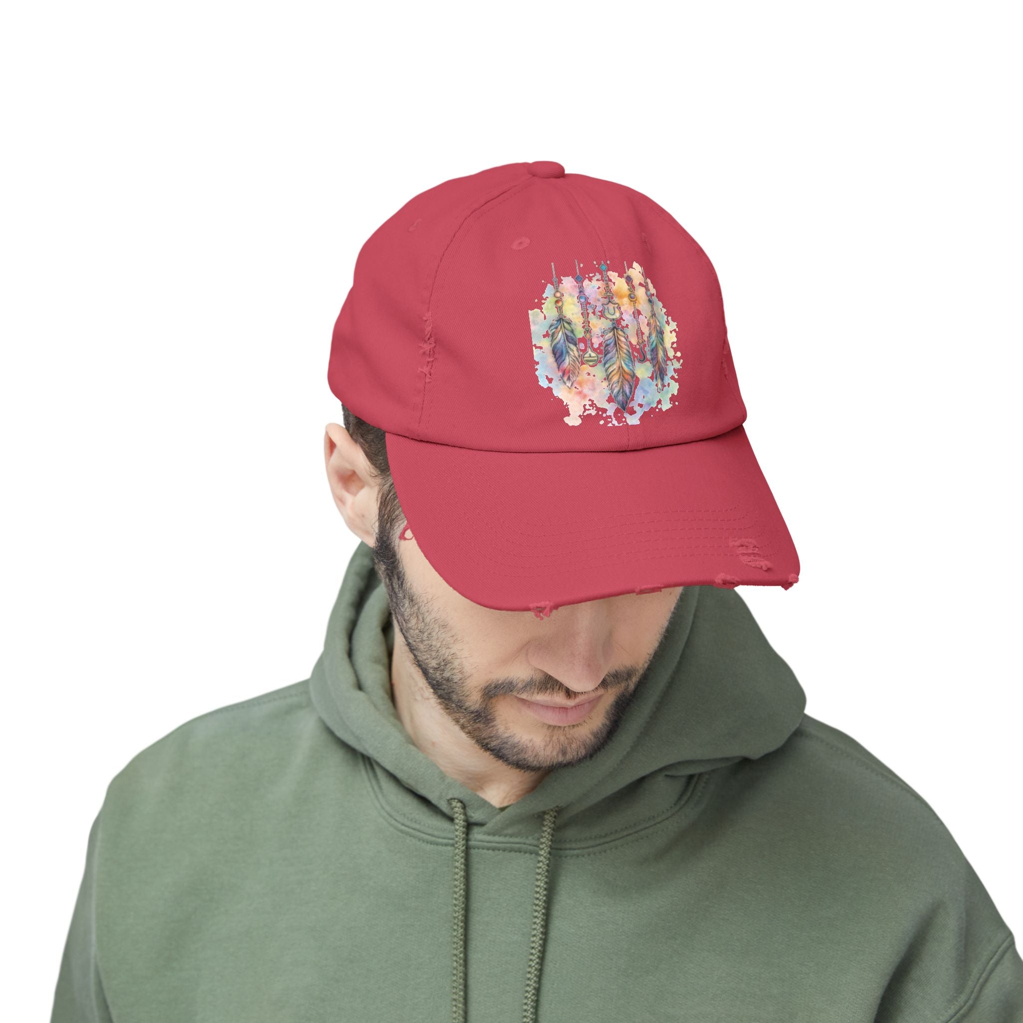 Distressed Cap with Watercolor Dreamcatcher Design