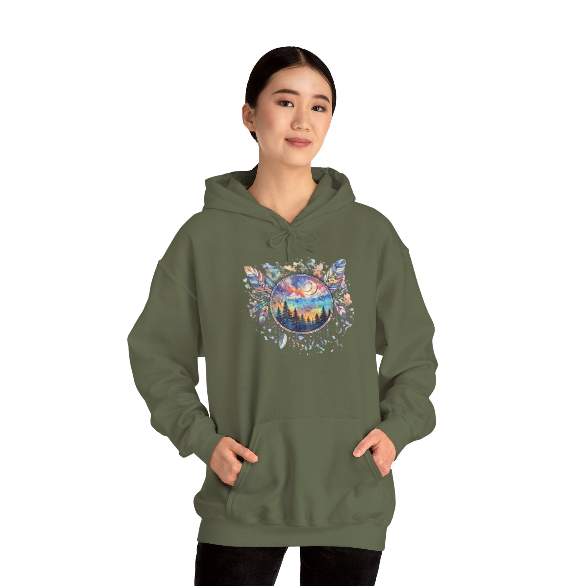 Nature Dreamcatcher Hoodie — Colorful Mountain Sunset Graphic