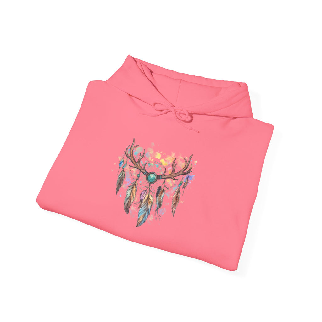 Dreamcatcher Antler Hoodie — Watercolor Feathers & Floral Boho Sweatshirt