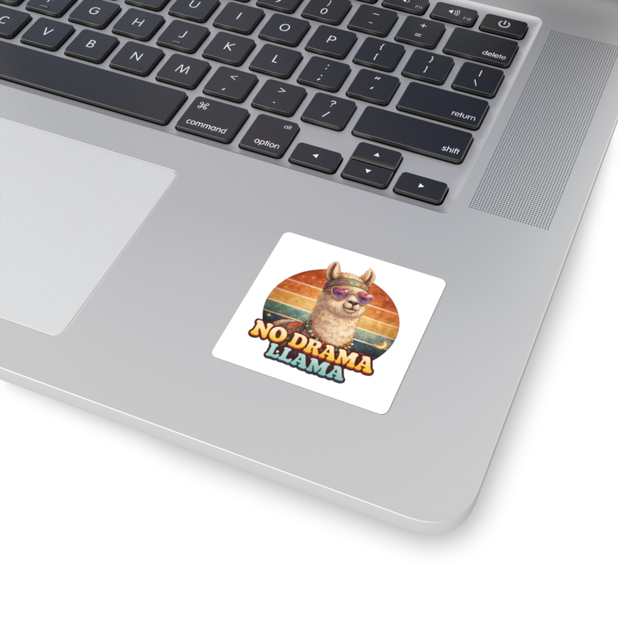 No Drama Llama Square Sticker — Retro Hippie Alpaca Decal