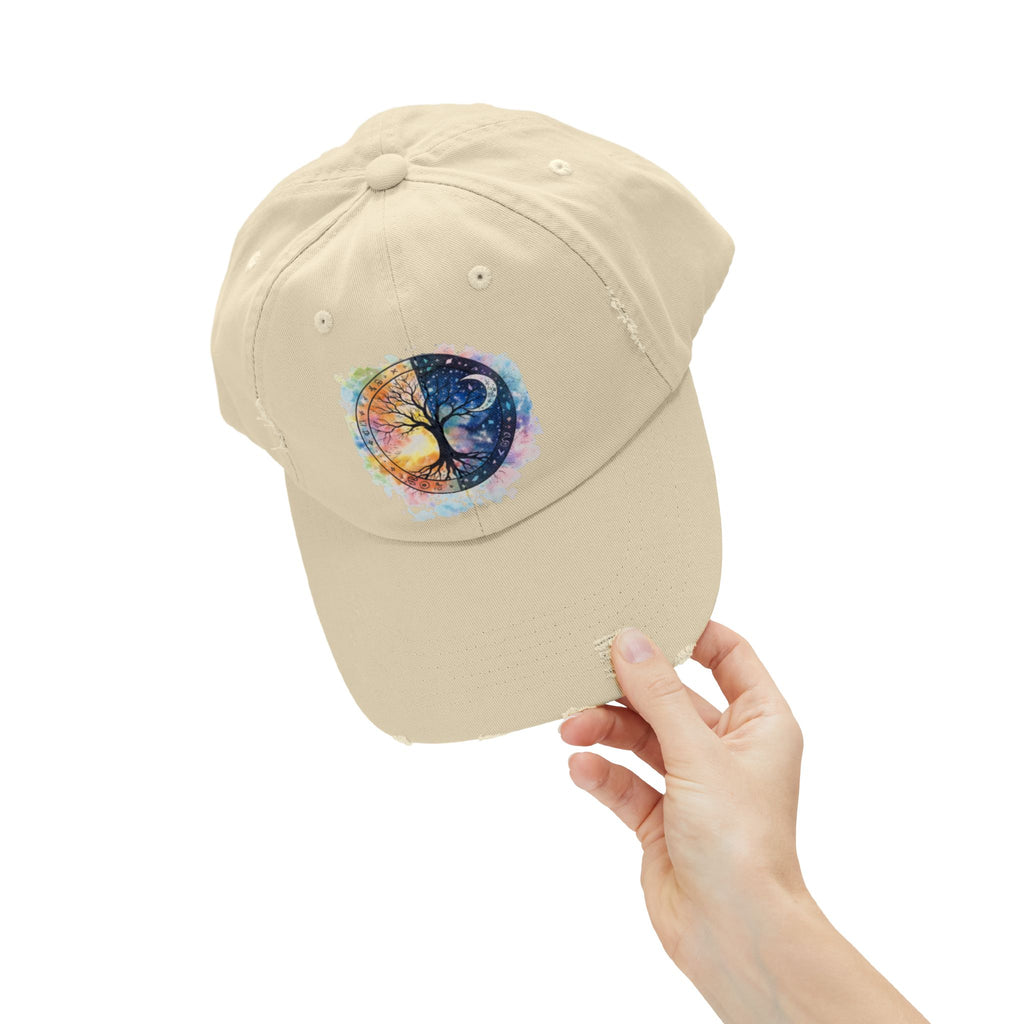 Distressed Cap — Watercolor Yin Yang Tree Baseball Hat