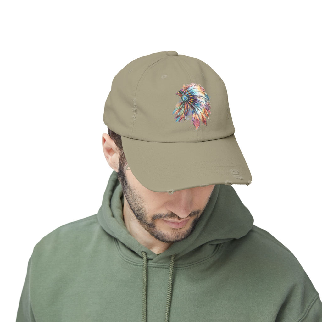 Distressed Cap with Colorful Watercolor Native Feather Headdress