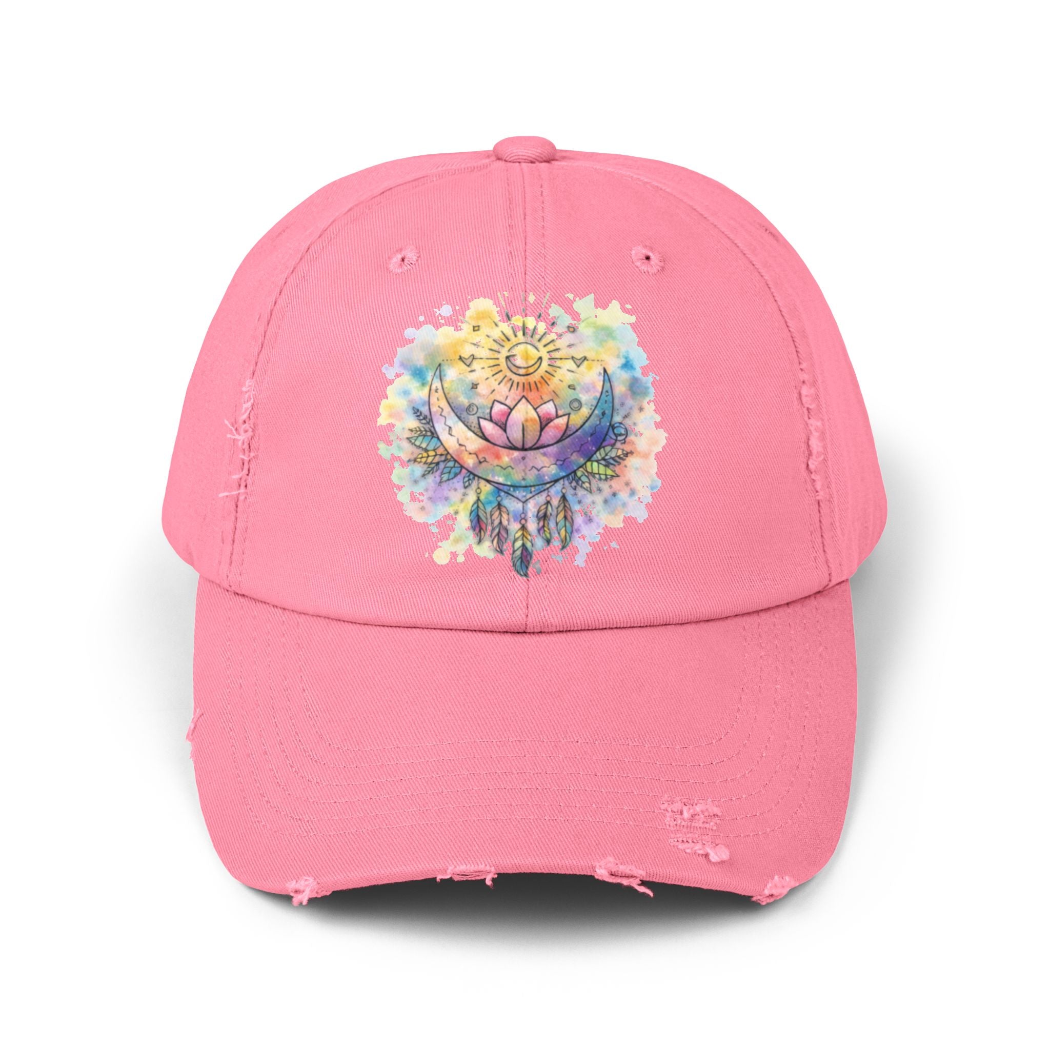 Distressed Cap with Watercolor Lotus & Crescent Moon — Boho Yoga Hat