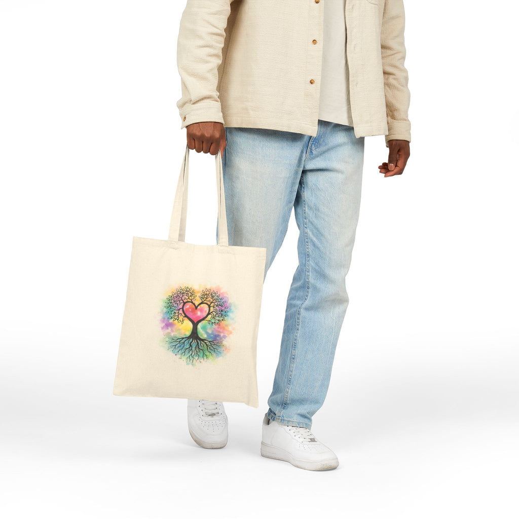 Rainbow Heart Tree Tote Bag | Cotton Canvas Tote, Boho Nature Design