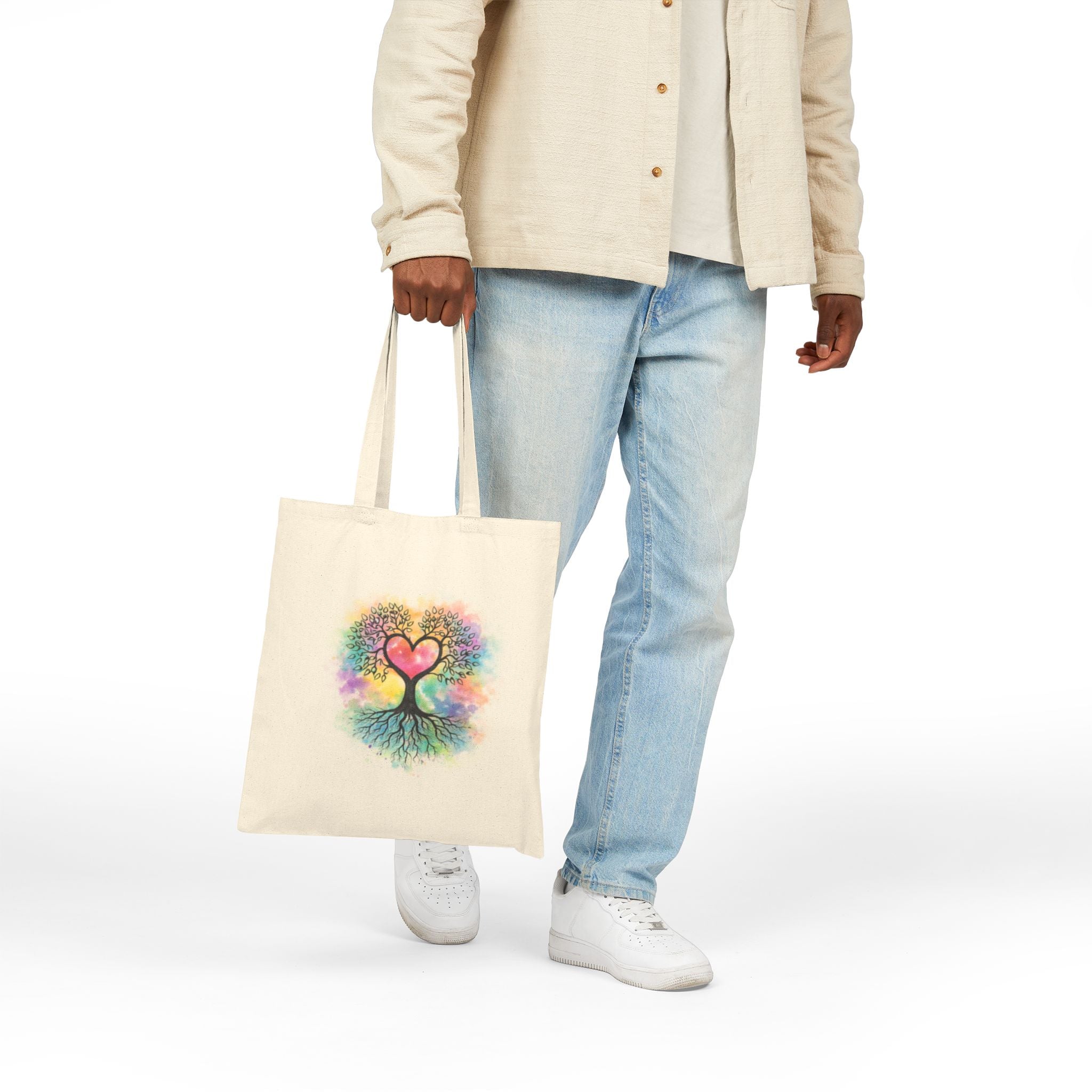Rainbow Heart Tree Tote Bag | Cotton Canvas Tote, Boho Nature Design
