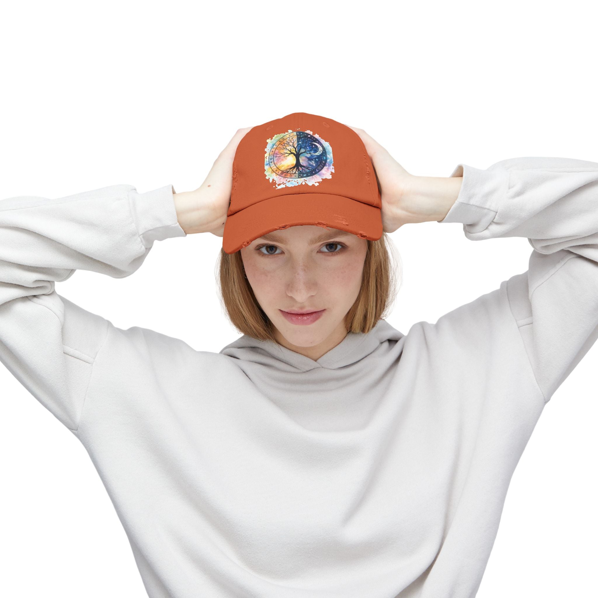 Distressed Cap — Watercolor Yin Yang Tree Baseball Hat