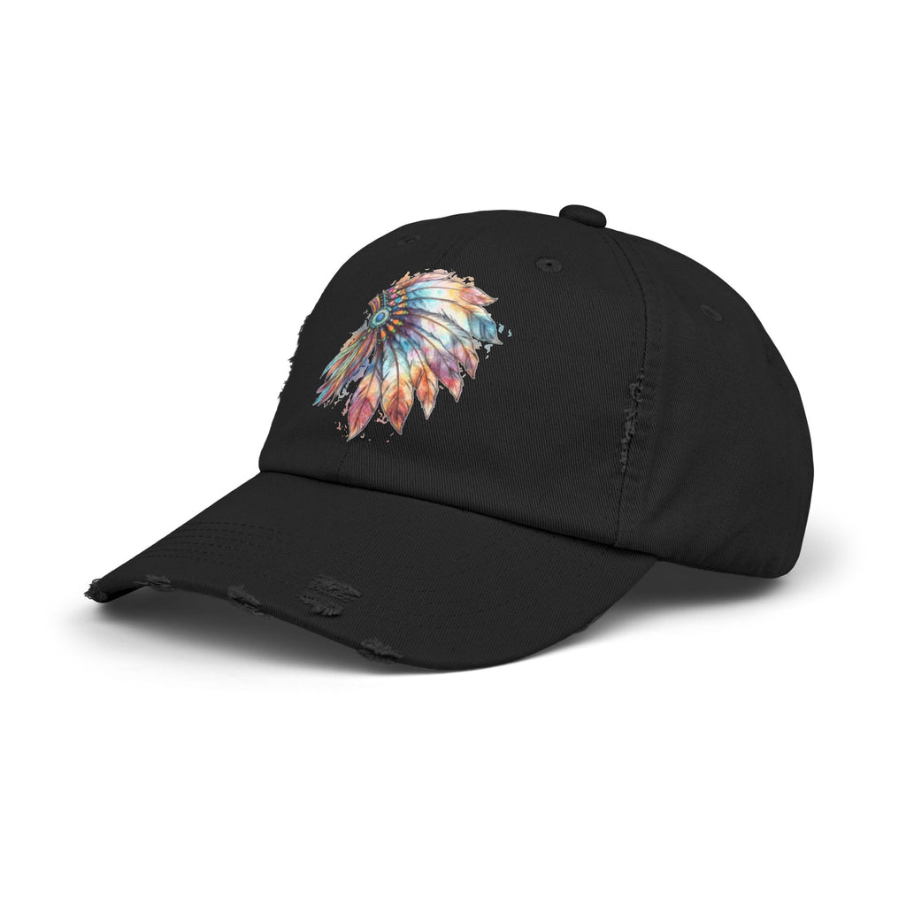Distressed Cap with Colorful Watercolor Native Feather Headdress
