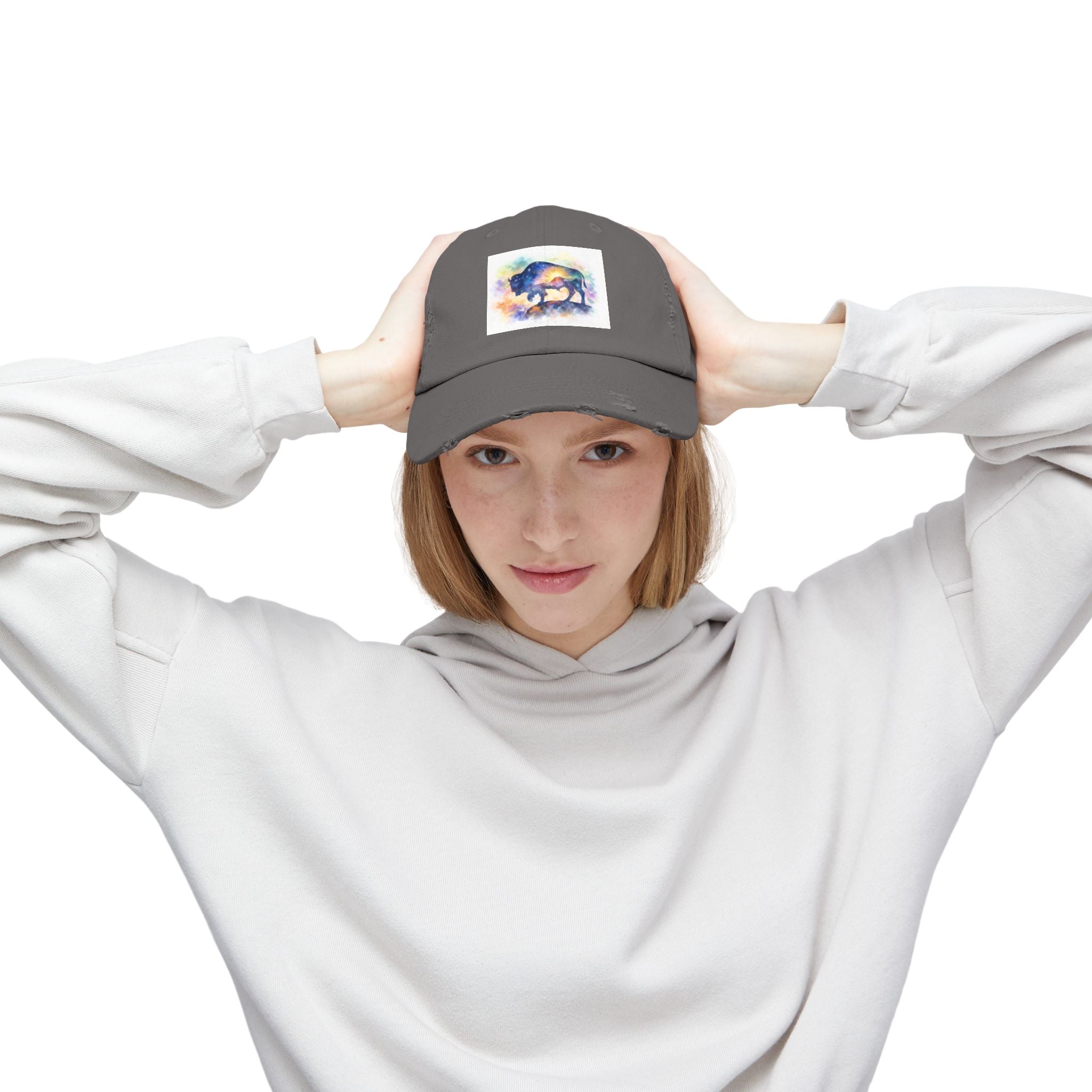 Distressed Buffalo Cap — Watercolor Bison Patch Hat