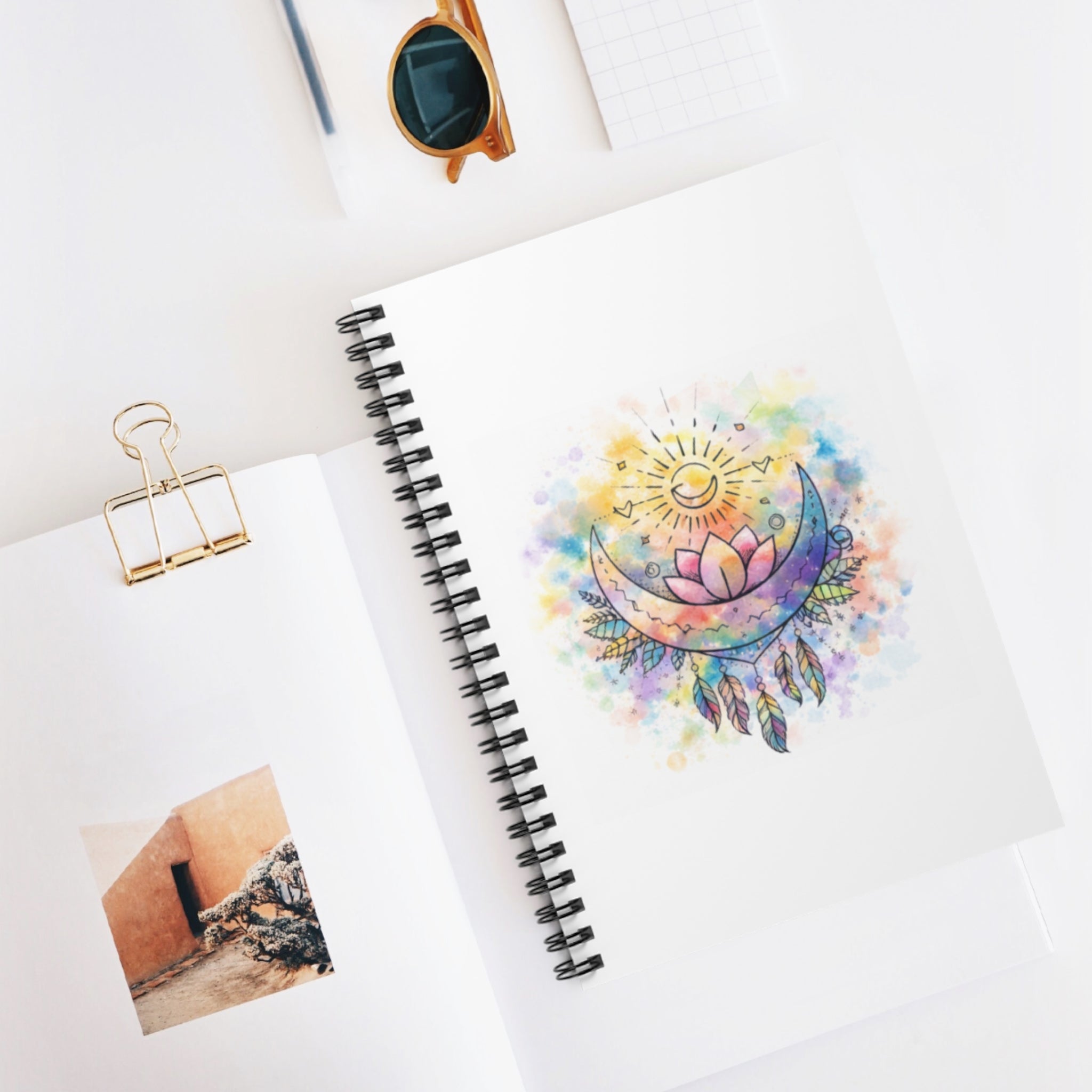Watercolor Crescent Moon Lotus spiral notebook | ruled journal, boho dreamcatcher design