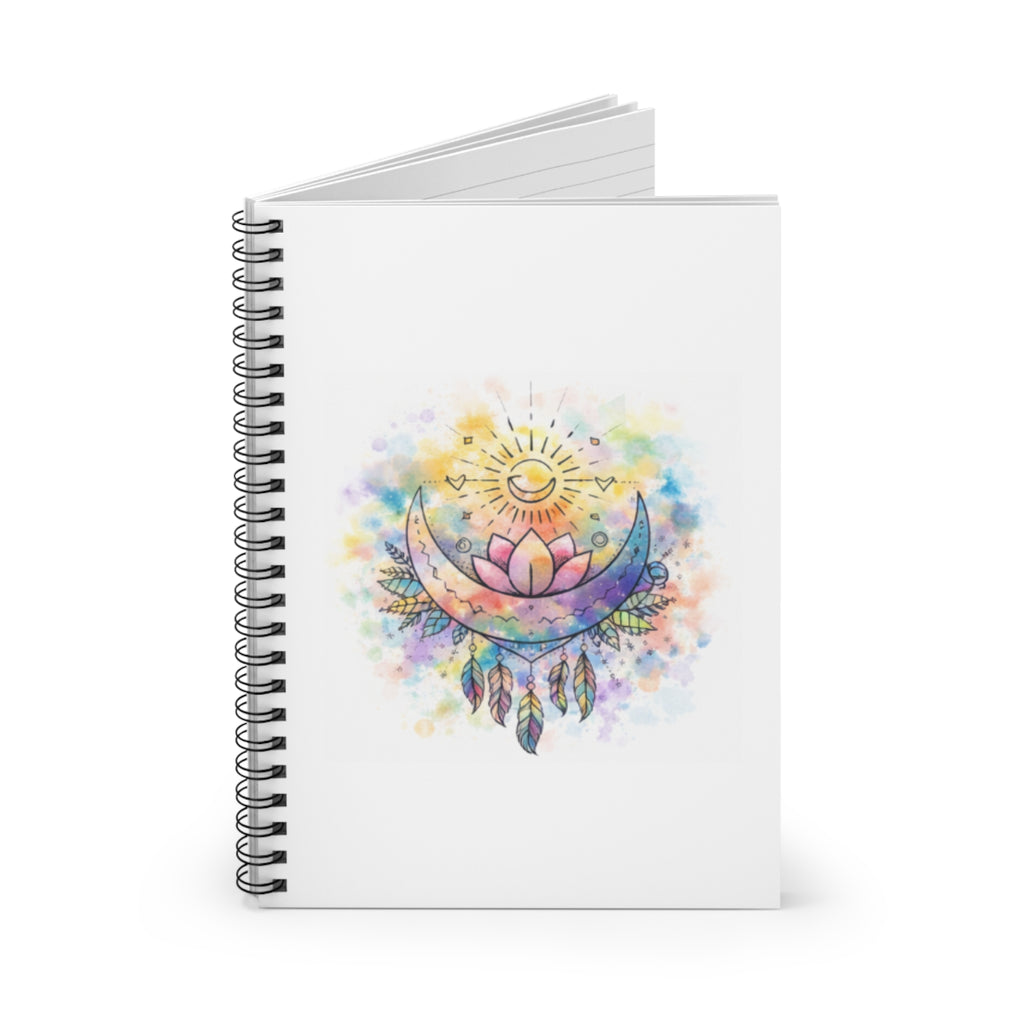 Watercolor Crescent Moon Lotus spiral notebook | ruled journal, boho dreamcatcher design