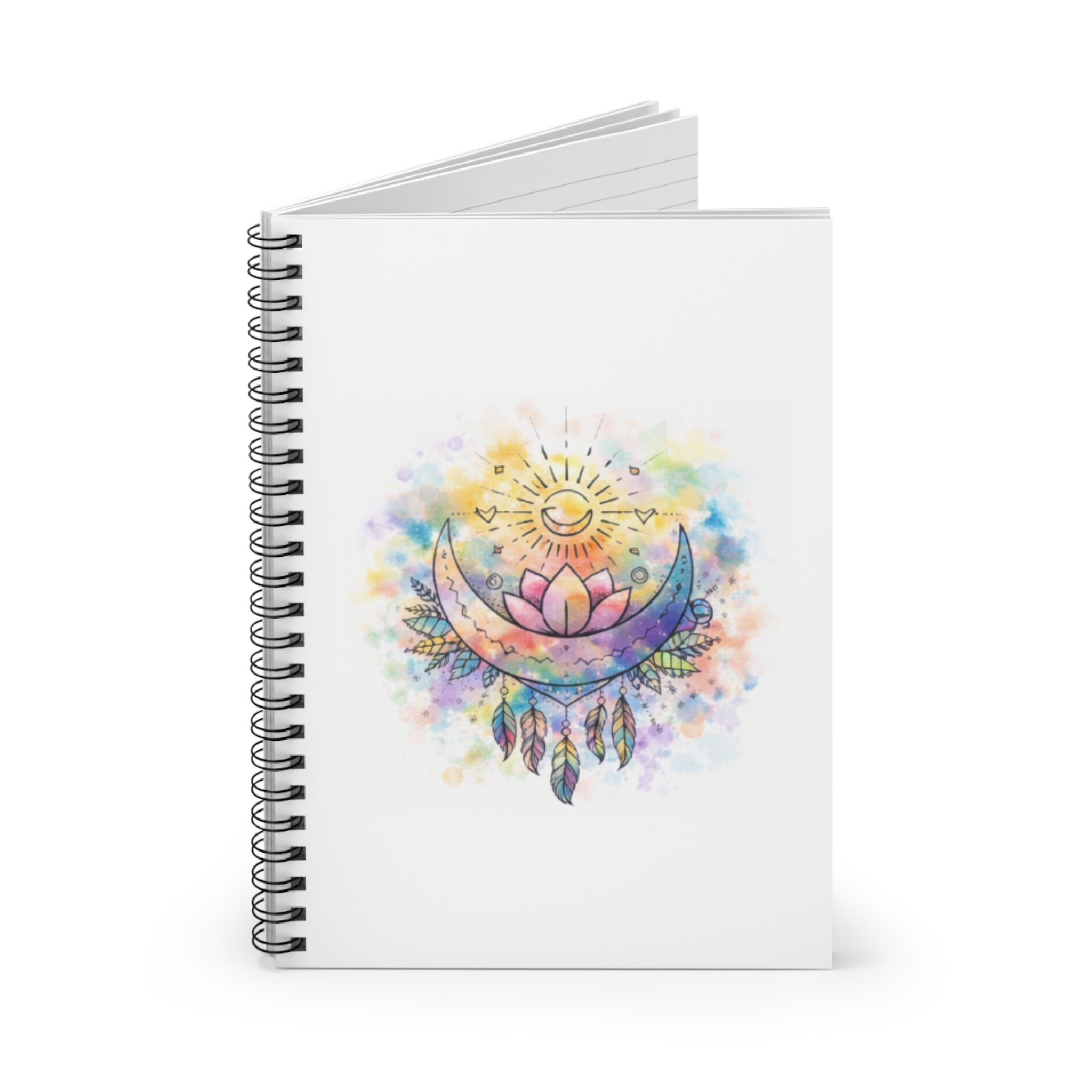 Watercolor Crescent Moon Lotus spiral notebook | ruled journal, boho dreamcatcher design