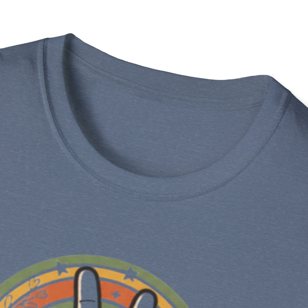 Peace Hand Sign T-Shirt | Retro Rainbow Circle, Vintage Hippie Vibe