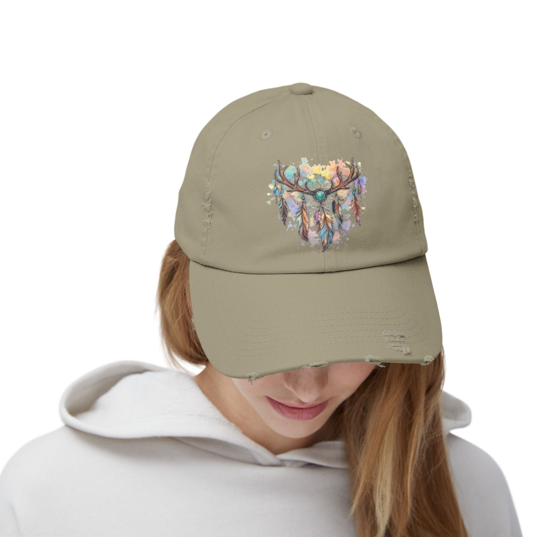 Distressed Hat. Watercolor Antler Dreamcatcher