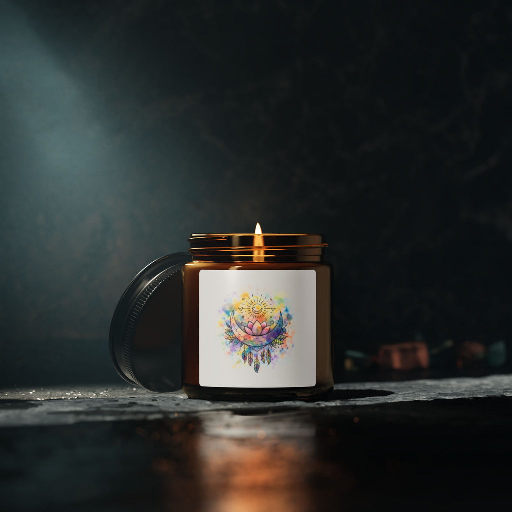 Sun & Moon Lotus Soy Candle — Watercolor Scented Amber Jar (Multi-Size & Scents)