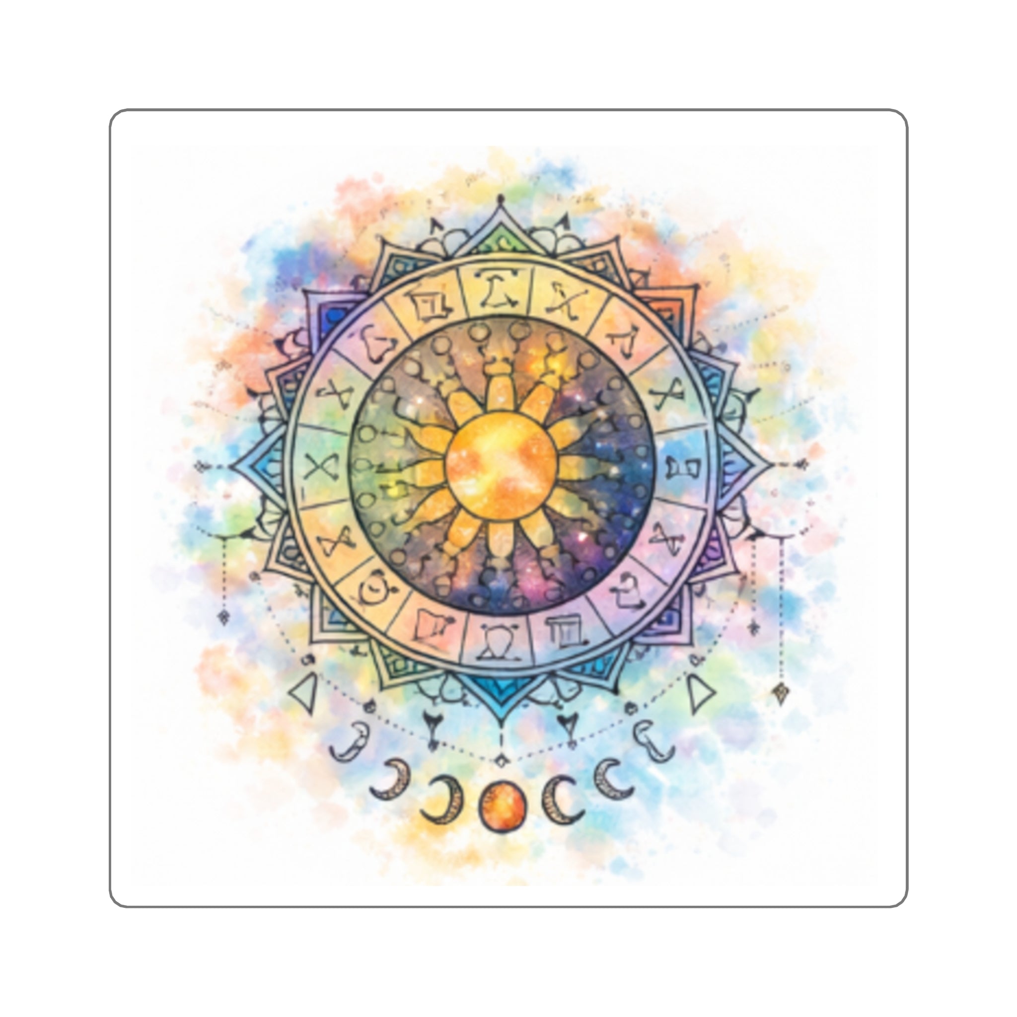 Watercolor Zodiac Mandala Square Stickers | Sun Moon Phases, Astrological Symbols