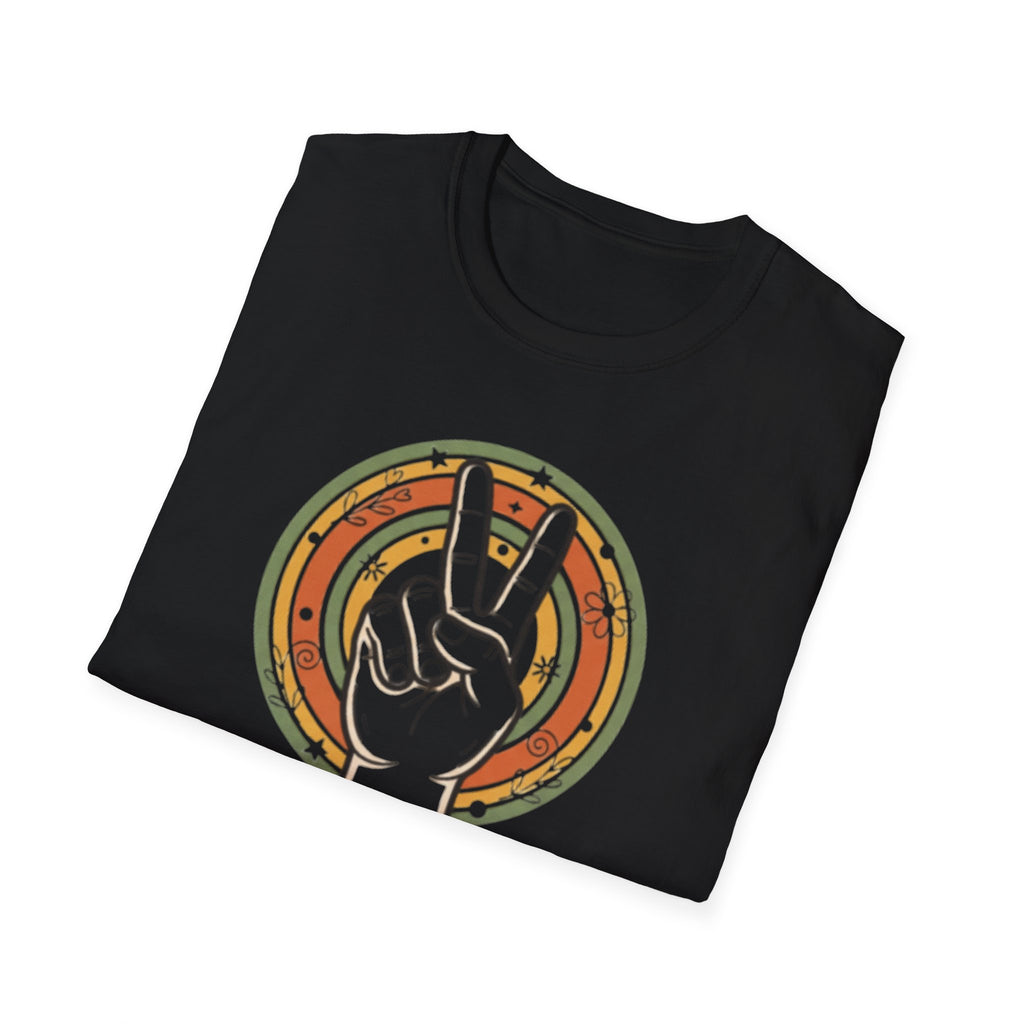 Peace Hand Sign T-Shirt | Retro Rainbow Circle, Vintage Hippie Vibe