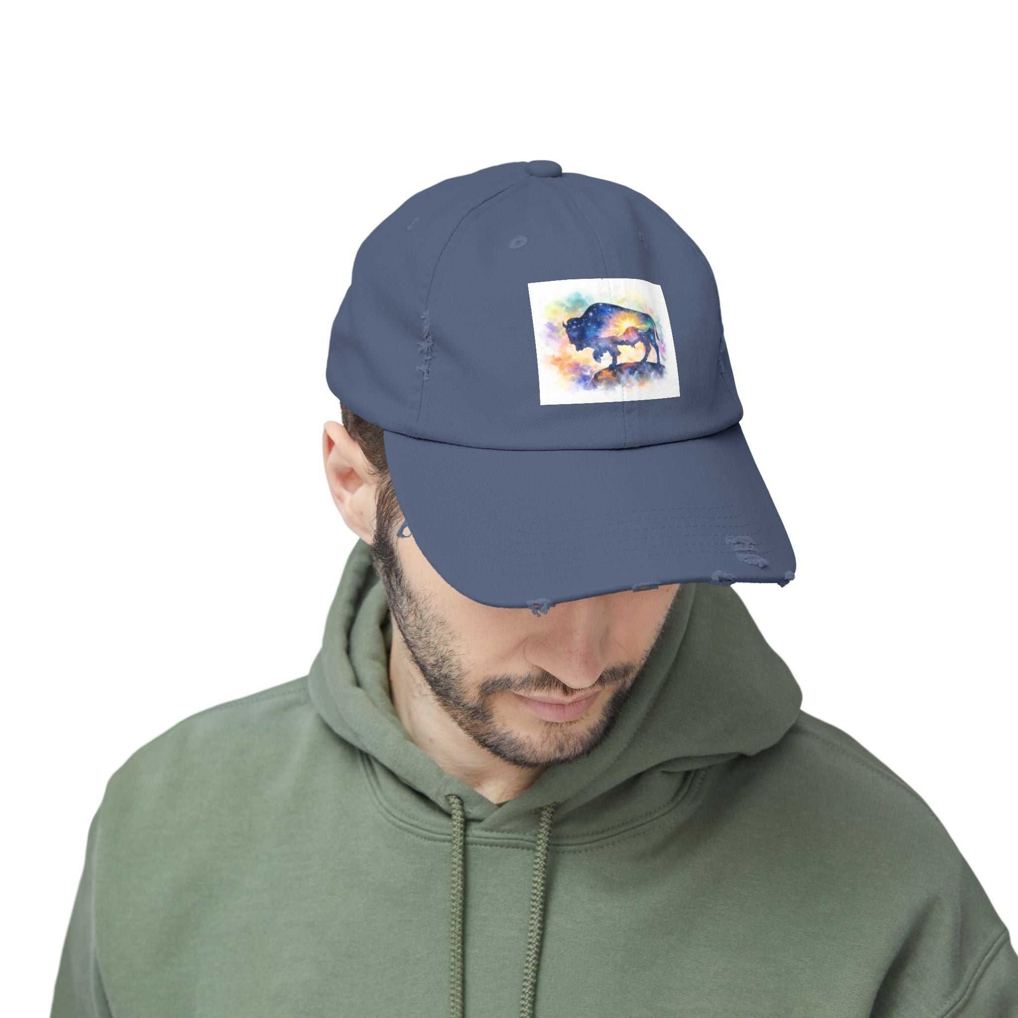 Distressed Buffalo Cap — Watercolor Bison Patch Hat