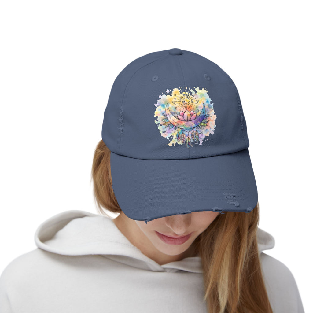 Distressed Cap with Watercolor Lotus & Crescent Moon — Boho Yoga Hat