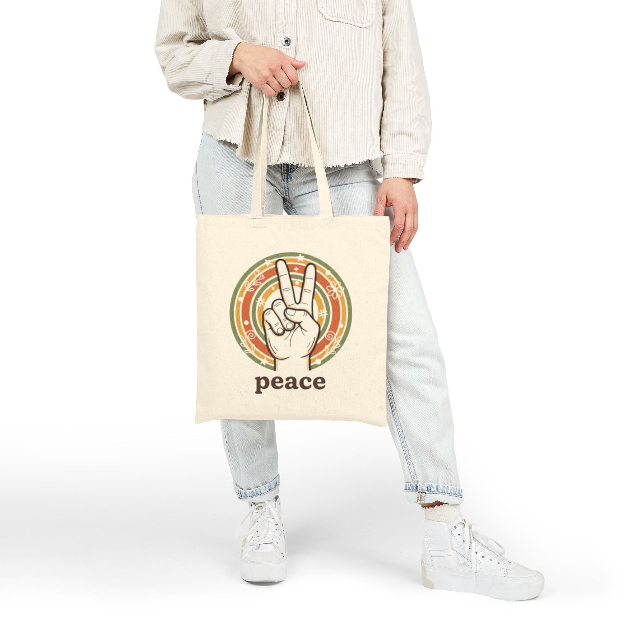Peace Sign Canvas Tote Bag — Retro 70s Vibes Eco Market Bag
