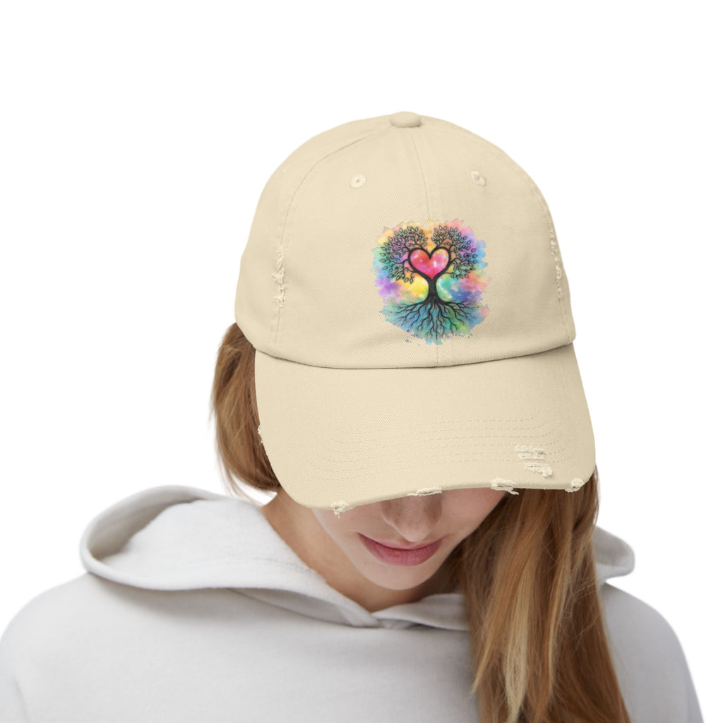 Distressed Dad Hat with Colorful Heart Tree Of Life  Design — Boho Love Cap