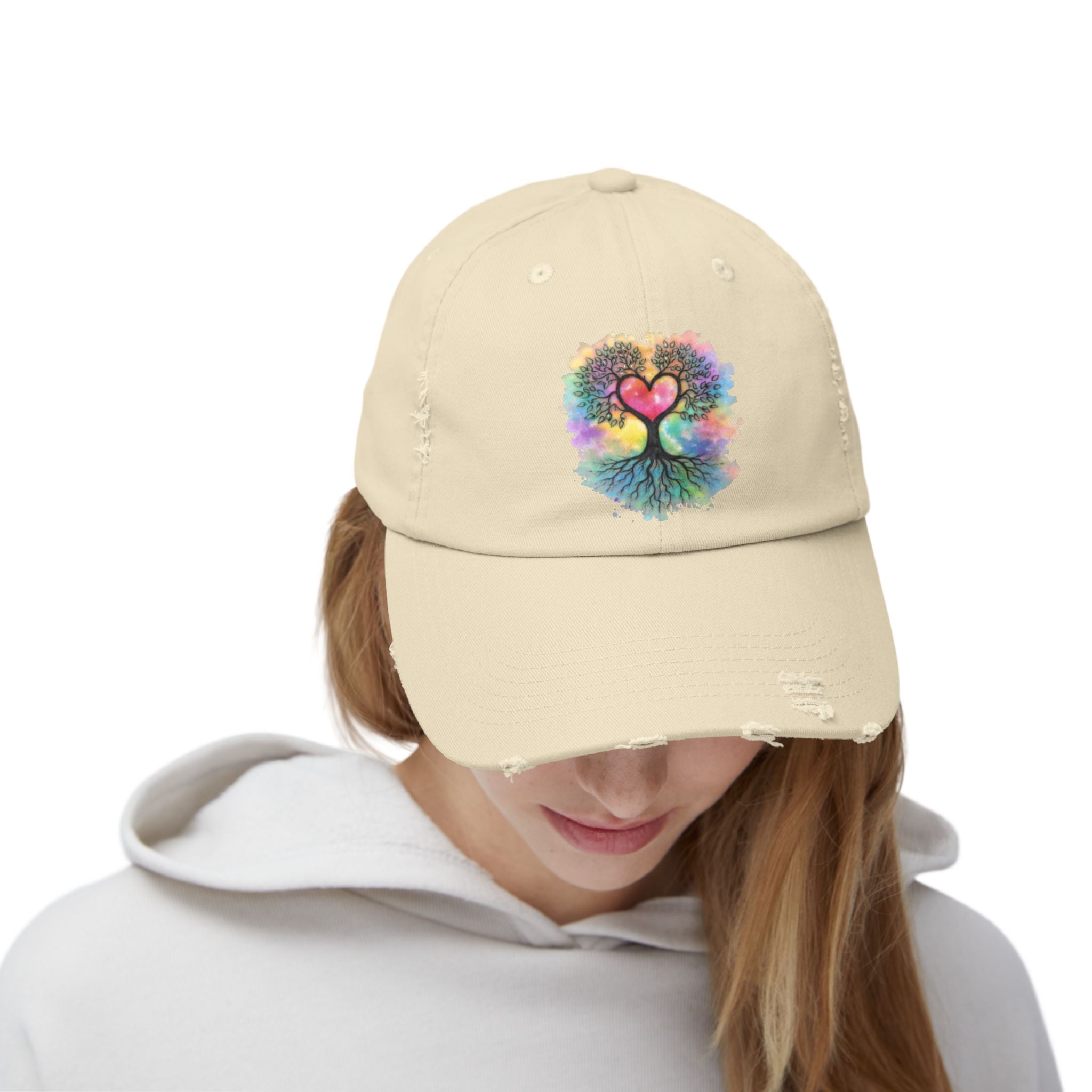 Distressed Dad Hat with Colorful Heart Tree Of Life  Design — Boho Love Cap