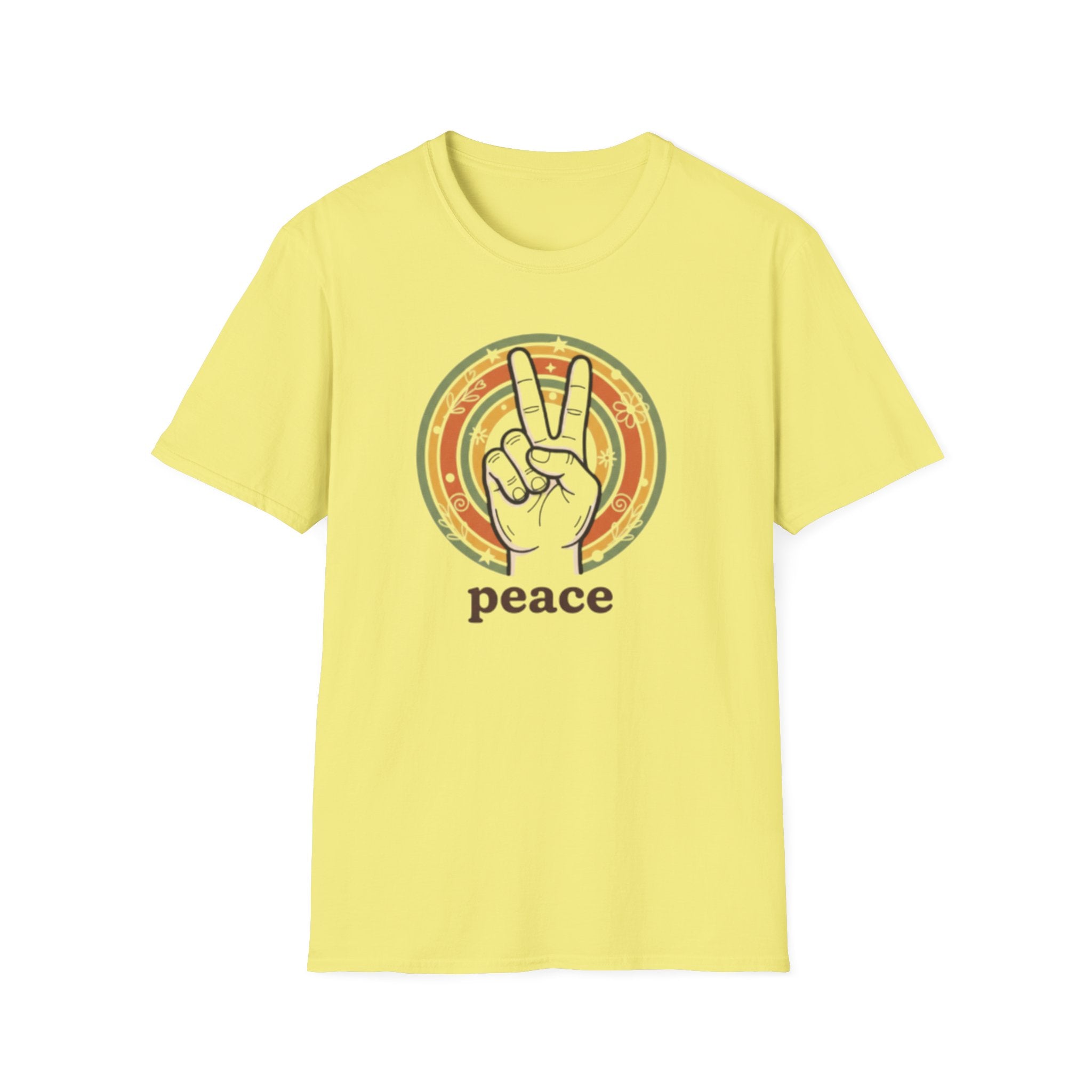 Peace Hand Sign T-Shirt | Retro Rainbow Circle, Vintage Hippie Vibe
