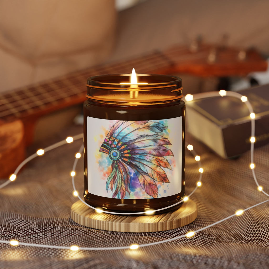 Watercolor Feather Headdress Soy Candle — Amber Jar (Scented)