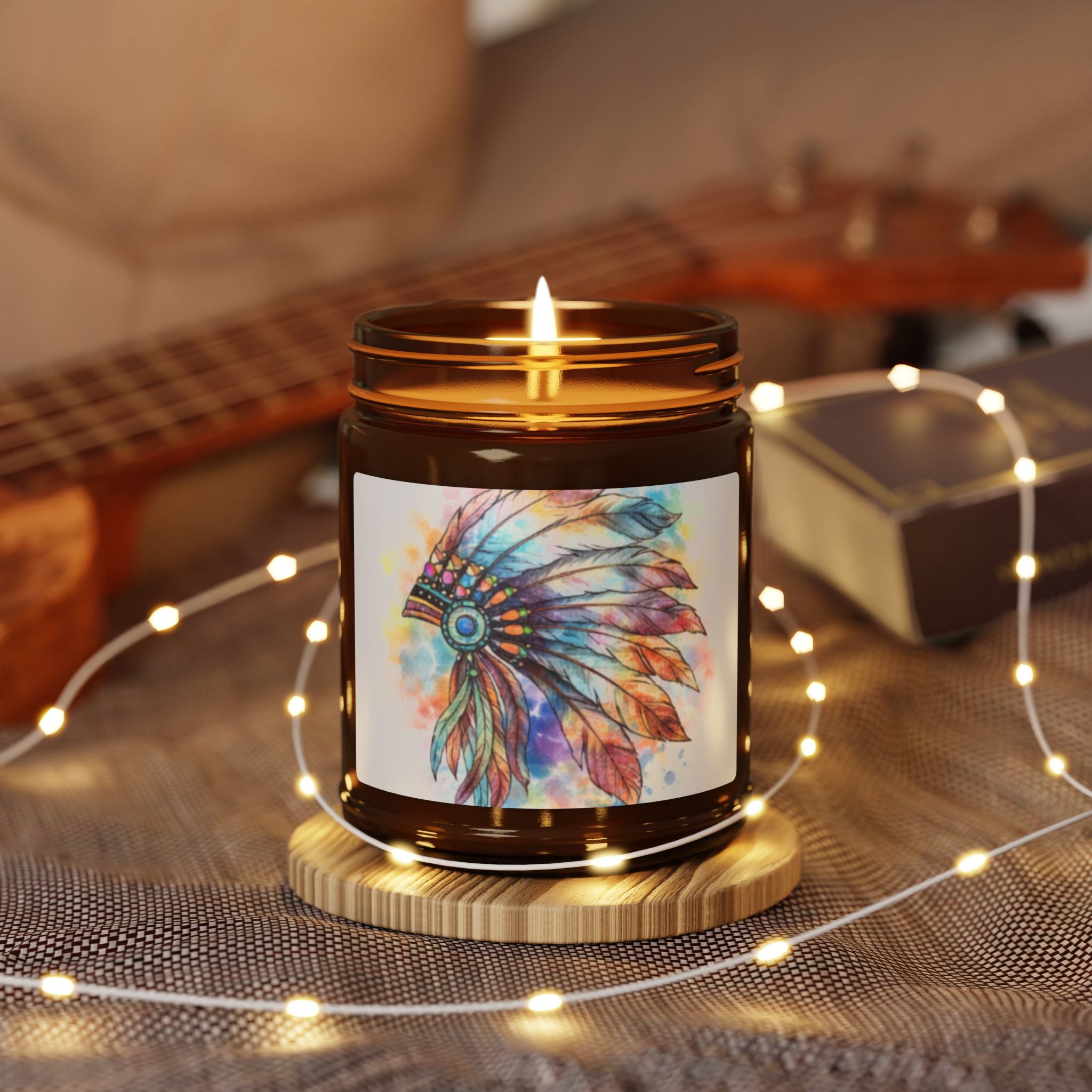 Watercolor Feather Headdress Soy Candle — Amber Jar (Scented)
