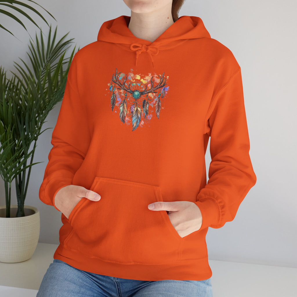 Dreamcatcher Antler Hoodie — Watercolor Feathers & Floral Boho Sweatshirt