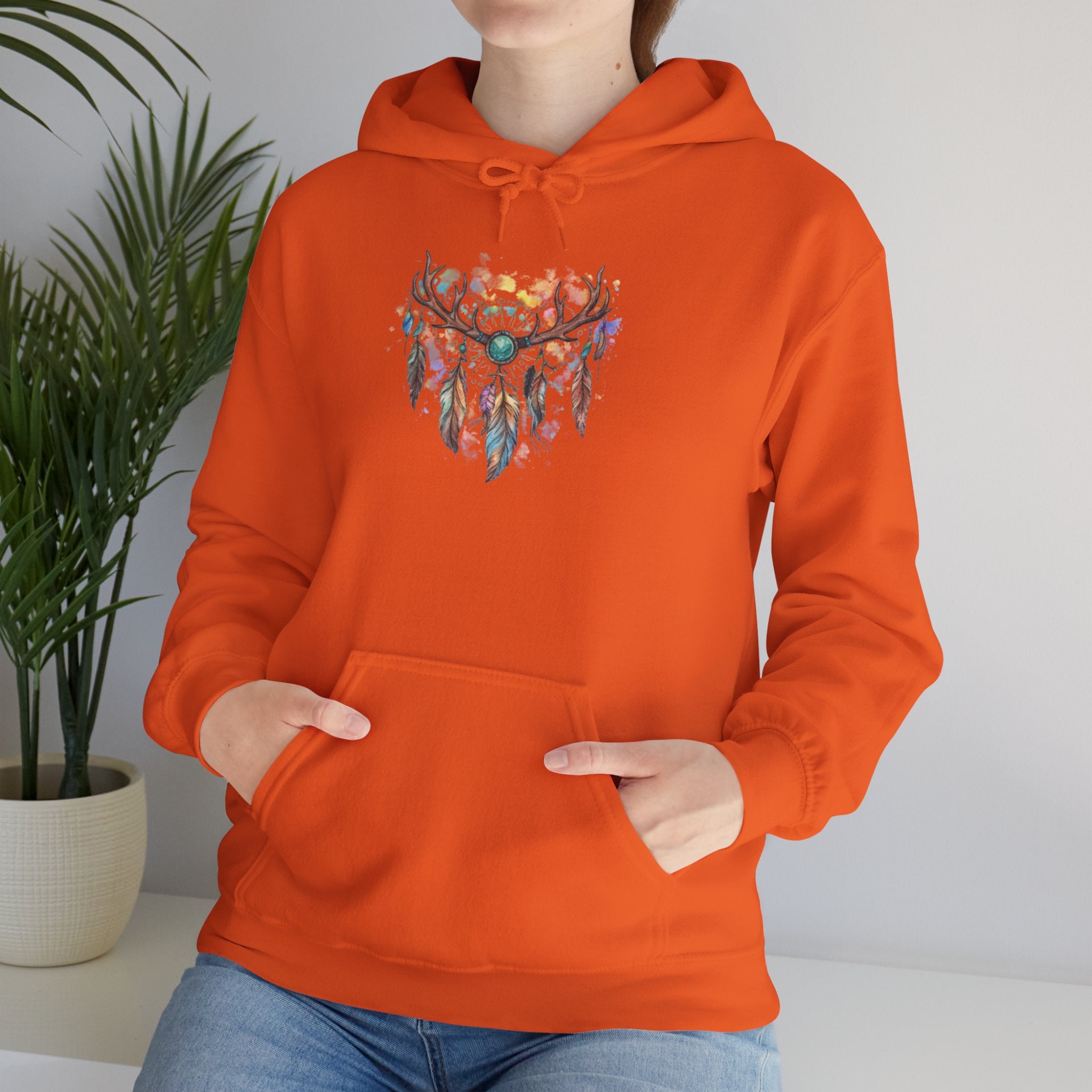 Dreamcatcher Antler Hoodie — Watercolor Feathers & Floral Boho Sweatshirt