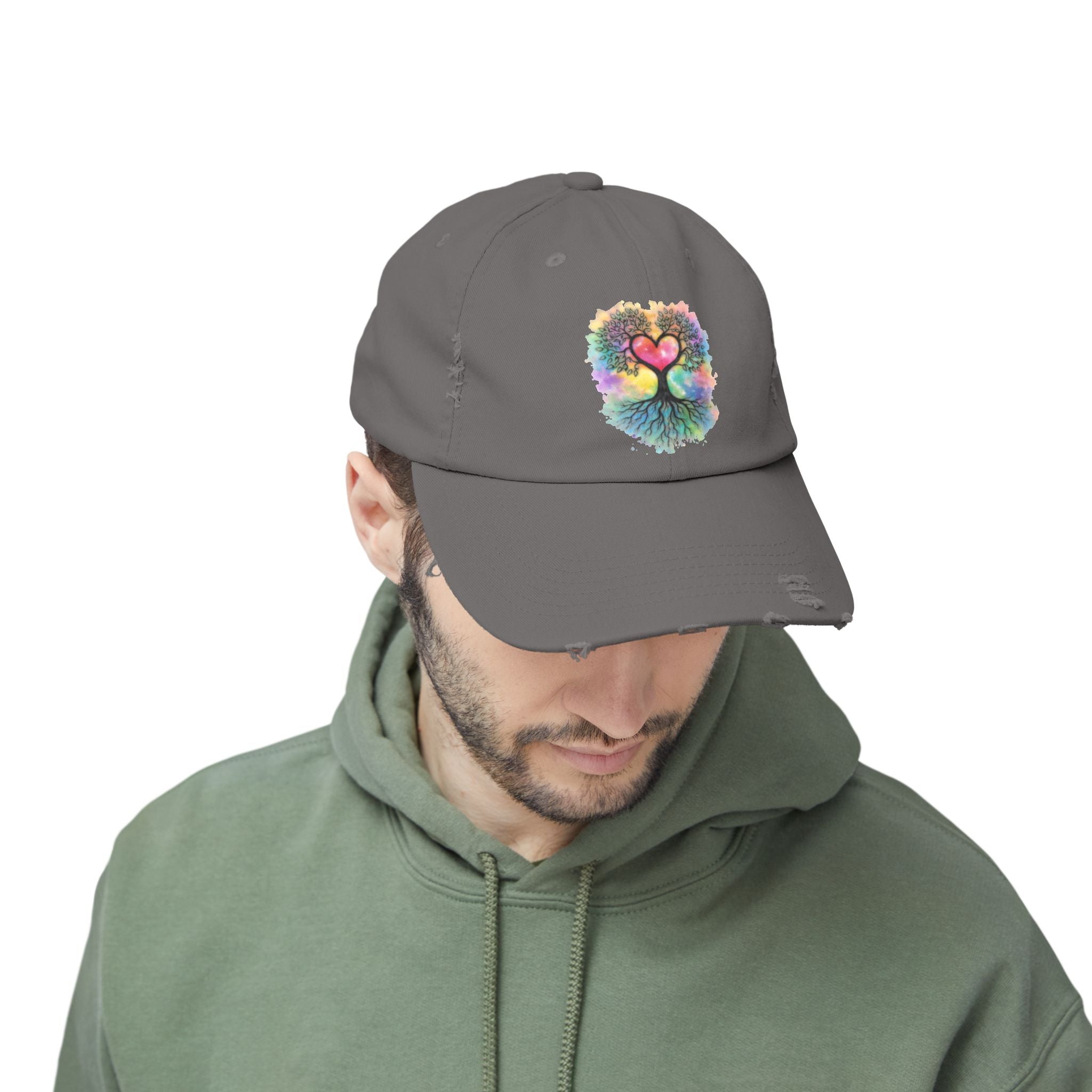 Distressed Dad Hat with Colorful Heart Tree Of Life  Design — Boho Love Cap